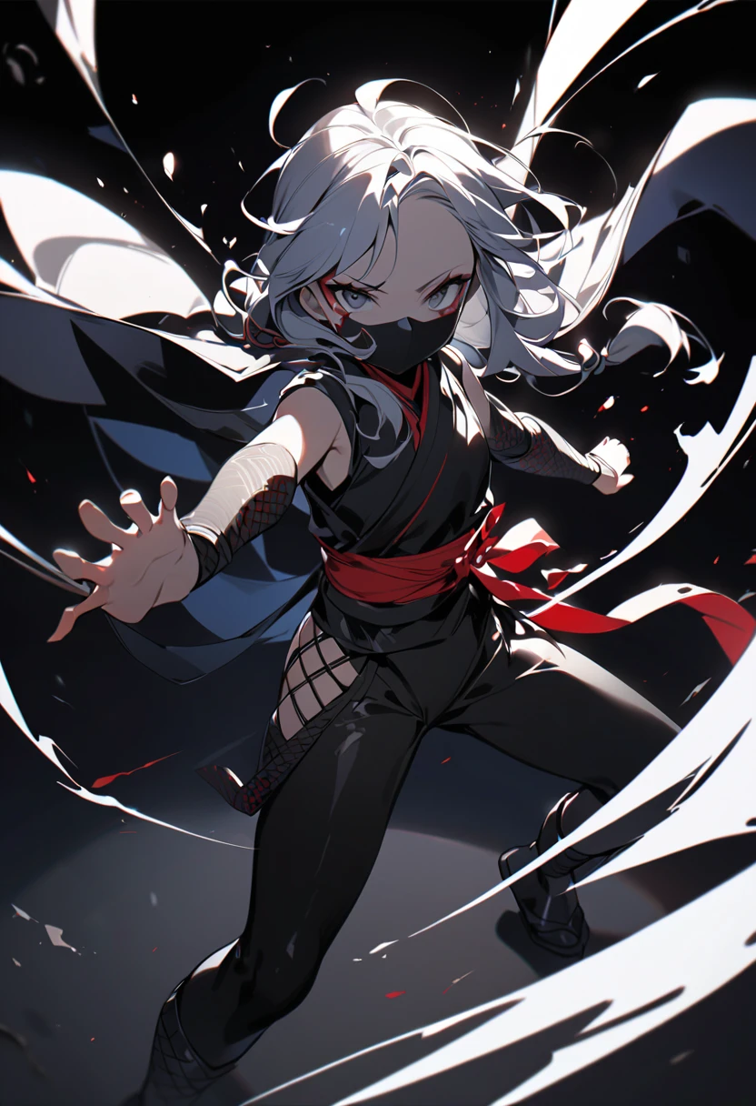 A girl, displaying cartoon, pale white skin, black eyes, long white hair tied up, wearing a black shirt, white shorts, black shoes, with a flat facial expression.