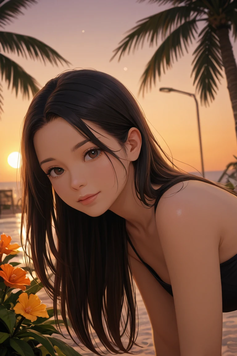 bright expression、photorealisim、top-quality、8K, high resolution、a picture、standing outside, sunset, the most beautiful Japanese girl nude、perfect 32C breasts, Detailed cute and beautiful face、slim oval face、(pureerosface_v1:0.008)、Beautiful black hair with bangs、16yr old、light skin、pig Tail、Bangs that extend to the face、bangs、Hair between the eyes、Super long hair、Attractive bright natural, long straight silky black hair、Attractive glowing beautiful bright clear light hazel eyes、posing nude、eye liner、Double eyelids、ample breasts
