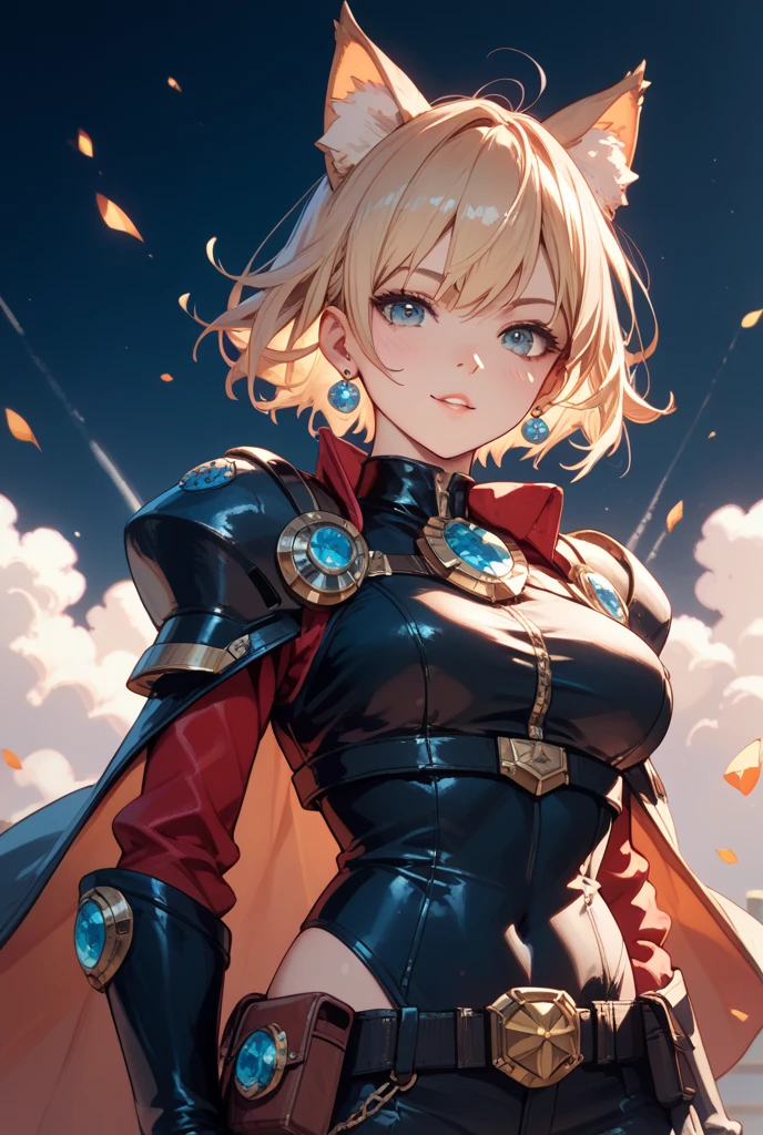 Please follow the all prompts below exactly and faithfully, This is a breathtaking masterpiece of digital illustration, with maximum resolution, UHD, 512K, 2160p, 10 million ppi, 300 million dpi, natural color tones, ultra sharp details, perfect outlines with contrast, ((smooth, soft and clearly and most realistic skin and hair texture)), most beautiful detailed eye features, perfect anatomically correct human body, beautiful background with depth, rule of thirds, depth of field, Maximize all element is used to its full potential to create the best digital illustrations, 1woman, sexy, 25years old, beautiful face sharp, elegant woman, Ultimate perfect body style, beautiful beautiful big breasts, Maximize upturned breasts, green eyes, shiny blonde hair, short hair, bob cut, (eyes visible through hair:1.3), glossy very thick lips, pink lipstick, smile:1.5, Fantasy world warrior with detailed armor, wielding a sword, vibrant colors, dynamic pose, and a skirt. The armor features golden accents, emerald inlays, shoulder pauldrons, chest plate with dragon motif, elbow guards, knee guards, shin guards, leather straps, metal buckles, chainmail underlayer, gauntlets with runes, plumed helmet, decorative belt, flowing cape, thigh-high boots, ornate scabbard, gem-encrusted hilt, floral patterns, and silk lining.