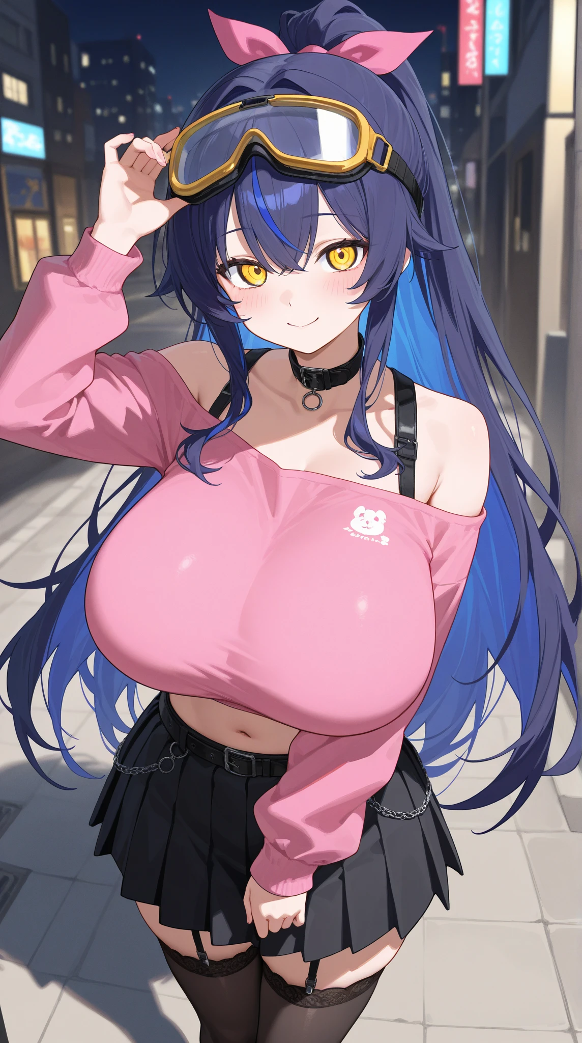 Beautiful girl, smile, cyberpunk, ponytail, bust up, abs, hair ornament, open chest clothes, pants, glossy skin, big breasts, cleavage, poses that show off cleavage, sexy,