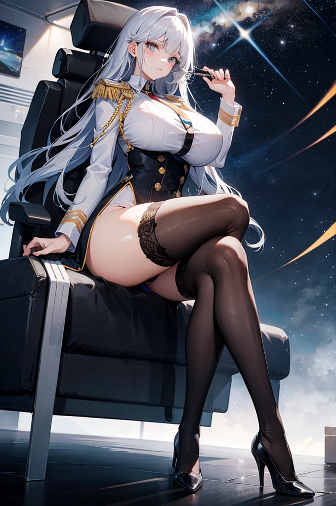 (nsfw), Frederick the Great (Azur Lane:0.5), Saggy breasts, uniform, whole body, (leaning against a wall), indoor, (with a cigarette in hand), Model shooting style, masterpiece, detailed, high quality, Sharp focus, dramatic, Photorealistic pictorial art, Pause, Performance, (the boot on one foot is slightly lifted), (extremely detailed CG unity 8k wallpaper), Professional, majestic oil painting by Ed Blinky.
