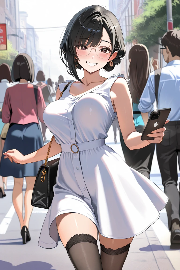 1lady (strolling through city), (stylish outfit), mature female, /(black hair/) bangs, light smile, (masterpiece best quality:1.2) delicate illustration ultra-detailed, large breasts BREAK (carrying a designer bag in her hand) BREAK (luxurious downtown street) outdoors, noon, crowded, detailed background