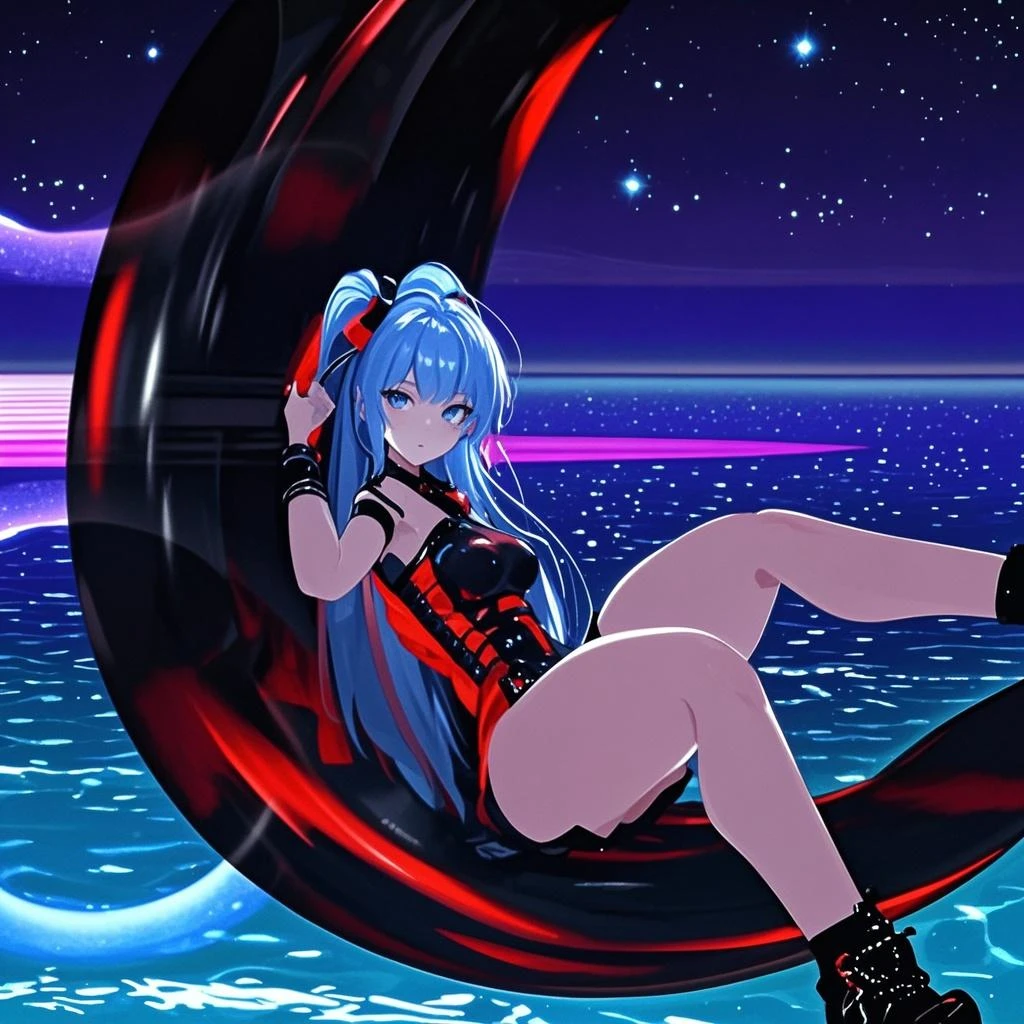 A woman wearing a bikini and headphones、A beautiful night view behind、Big Breasts、sexy、Indoor pool with a night view、Moonlight、Unbuttoned、Downlight、full moon、Stylish interior、Ruby Eye、Woman lying on a vinyl boat