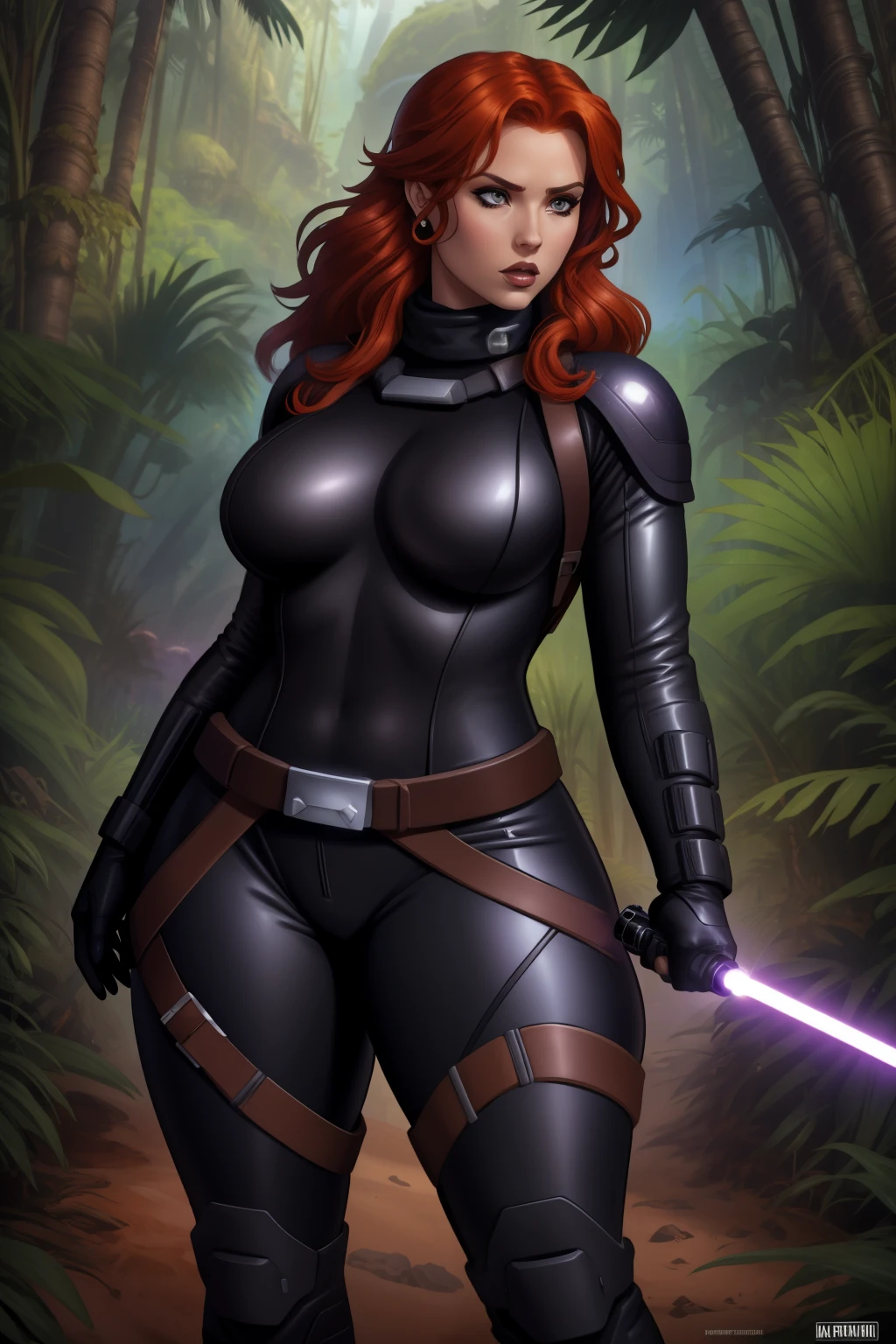 Star Wars based environment, Mara Jade, is depicted wearing her sleek, tight black leather suit. holds her purple light saber, her intense piercing eyes convey a mix of determination and alertness. Background: Outdoors, jungle planet landscape, red hair, Mara Jade, curvy, pudgy, overweight, black leather suit,