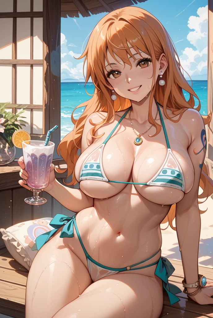 (Very detailed, highest quality, Anatomically perfect body), One girl, Anime Girls,Brown long hair, Brown eyes, Green glasses,heart shaped pupils,Sunburned skin, Large Breasts,beautiful breasts,pointy breasts,(Big Ass),beautiful ass,Embarrassed,white swimsuit,sitting,at cafe,(lemon juice),(orange juice),(Pineapple juice),(Mango juice),(water),