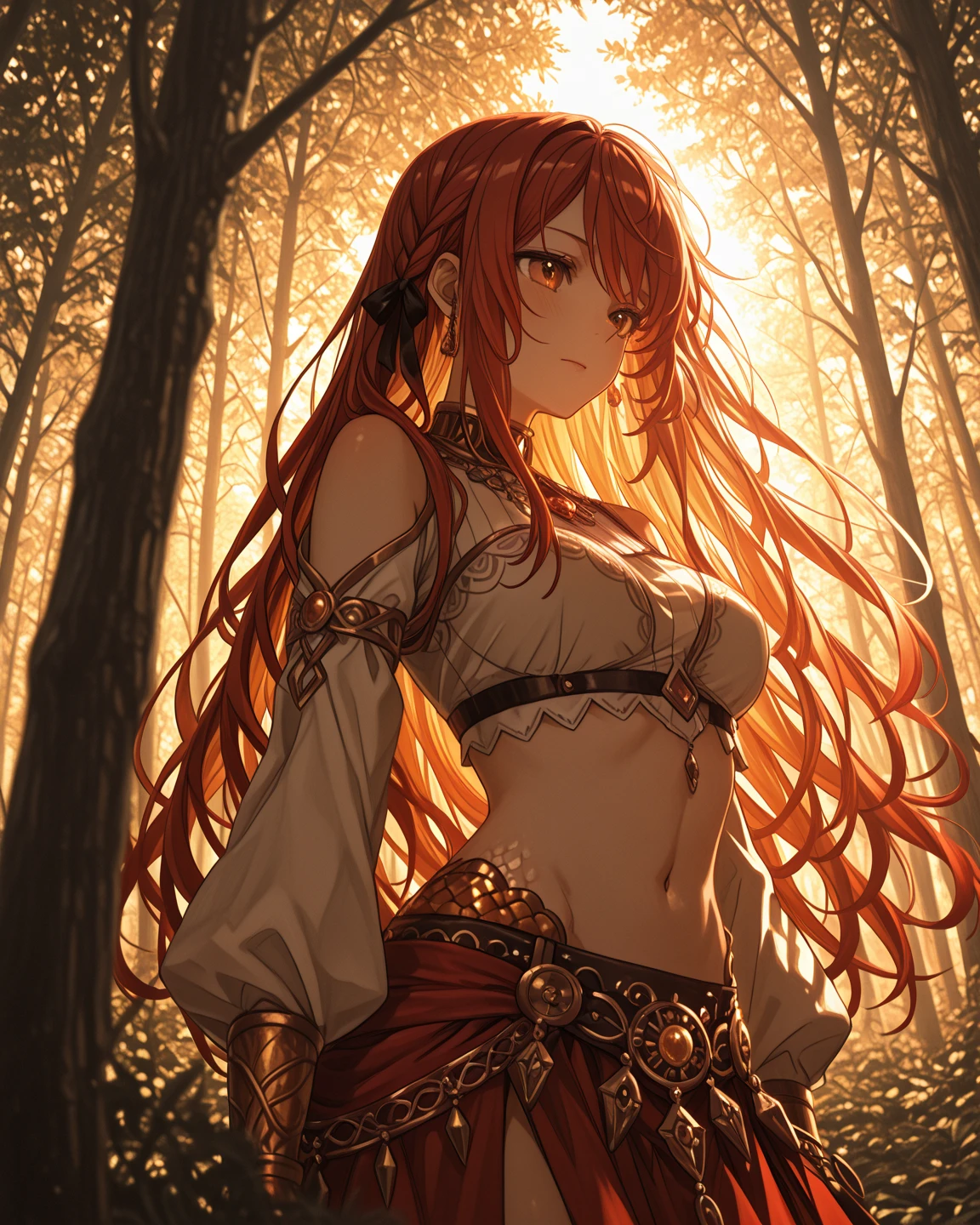 Iris, red hair, long hair, braid, red eyes, breasts, navel, jewelry, see-through, 1girl, wet_clothes, necklace, wet, large_breasts, tree, day, cleavage, nature, lips, outdoors, solo, shirt, skirt, bracelet, collarbone, grass, green_skirt, bare_shoulders, sitting, wet_shirt, looking_at_viewer, parted_lips, dutch_angle, thighs, bikini, glow effects, godrays, Hand drawn, render, 8k, octane render, cinema 4d, blender, dark, atmospheric 4k ultra detailed, cinematic, Sharp focus, big depth of field, Masterpiece, colors, 3d octane render, 4k, concept art, trending on artstation, hyperrealistic, Vivid colors, extremely detailed CG unity 8k wallpaper, trending on CGSociety, Intricate, High Detail, dramatic"", (excessive pubic hair:1.4), steaming body, sweating