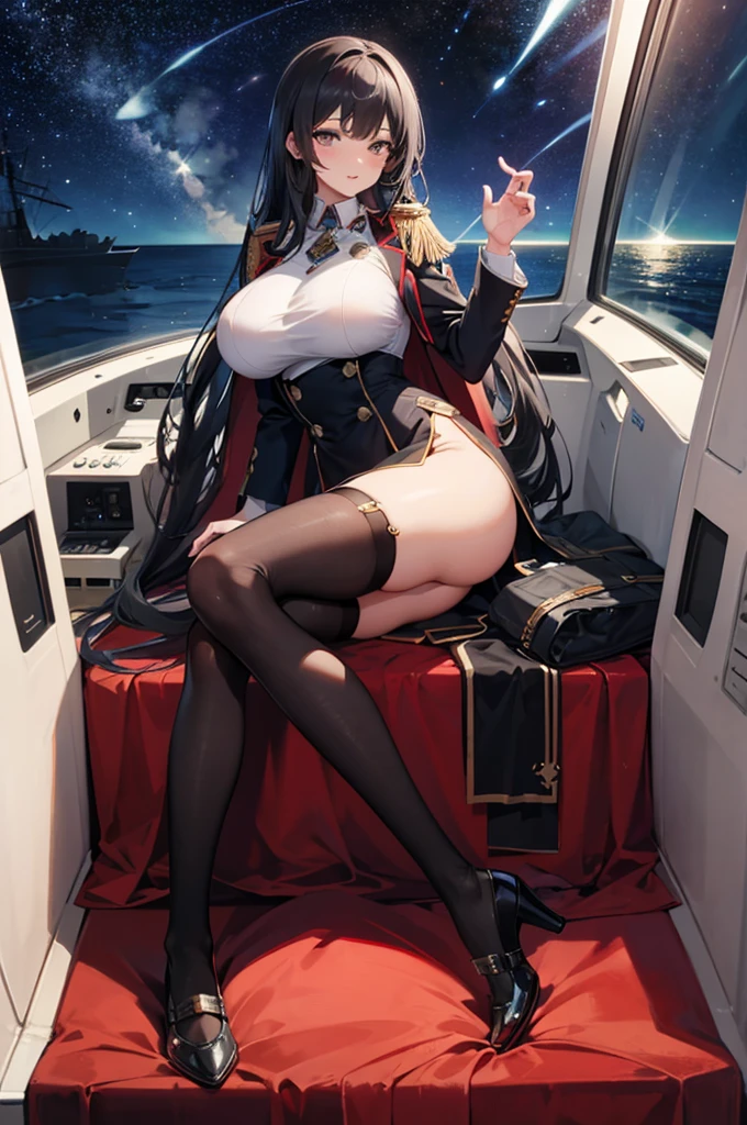 (highly saturated、colorful illustration:1.0)、(long perm hair、Black hair、bright skin:1.0)、(Beautiful slender legs:1.2)、1 girl, 24 Year old, game CG,Woman with long black hair with a blindfold over her, Girl in schoolgirl uniform, black skirt、put your hand on your waist、Morning standing on the train、(huge breasts:0.9),rational movement,((8K,masterpiece,realistic),(hyper detail),ultra clear,nature,Vibrant cleavage all over the body,heavy chest,slender beautiful legs