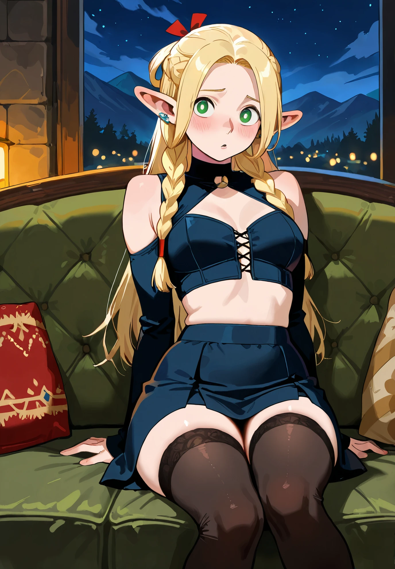 (masterpiece), best quality, 8k, ((((selfie)))) Professional photography, highly detailed, (purple eyes), detailed eyes, full body, BREAK, High Elf, (tan skin:1.3), pastel green hair, (((ahoge french braid))), small breast:1.3, small hips, big waist:1.2, short height, (red lips), eyeliner, blush, (freckles), elf ears, BREAK, diamond earrings, gold tiara, (Shimmering bell-bottom jumpsuit), disco ball-inspired accessories, retro heels, (garter belt), classic and modern thigh highs, sensual style, dreamy cloudscape, pastel hues, ethereal lush forest, ((Sitting cross-legged)), looking endearingly cute and cuddly,