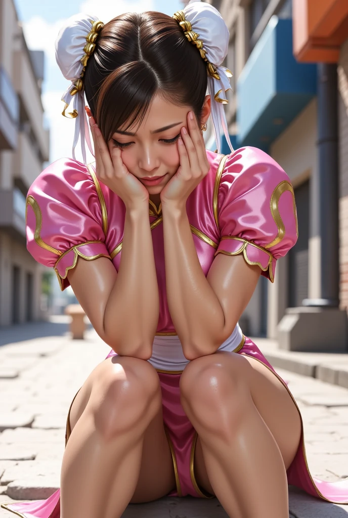 (16 K, Raw photo, Best Quality, masutepiece:1.2), (Realistic, Photorealsitic:1.37),((1girl in)), (chichi_nffsw, yellow_China_Dress, Purple_neckerchief, Torn dress:1.5), Portrait, Professional Lighting, Photon mapping, Physically-based rendering, Lens 135mm, (abandoned houses:1.1, squatting and opening legs:1.3), Detailed face, Detailed skin, Beautiful lips, (Perfect slim body style:1.1, Full body shot:1.1, gigantic cleavage breasts:1.5, Exposed shaved armpits:1.15), badhandsv5-neg, (Realistic, Photorealsitic:1.2), High detailed skin, Puffy eyes, Black hair, updo hair,