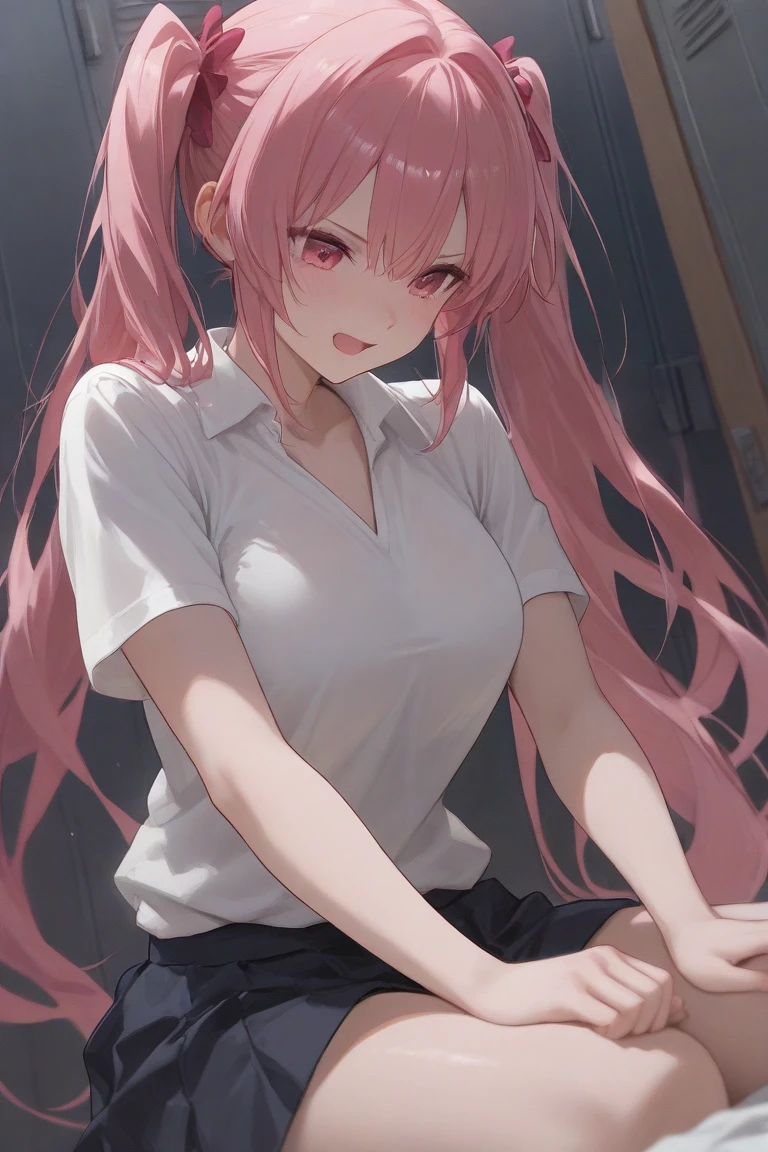 (4K works))、​masterpiece、(top-quality)、In front of the wall、Korean female、hi-school girl、((High school girl 18 years old))、((Face similar to Hyun Jin))、cool lady、tall、((Gentle look))、((Sleepy face))、((Strong eyes))、((Wearing a white T-shirt and a black hooded jacket、Wearing long black pants))、((Wear a black mask))、((smaller face))、Slim body、((How to stand selling fights))、((Cheeky way of standing))、((Bad girl))、((light pink long-haired))、((Light blue eyes))、((shot from front))、((Looking down on the viewer))、((rearing))、((Shot alone))、((Solo Photography))