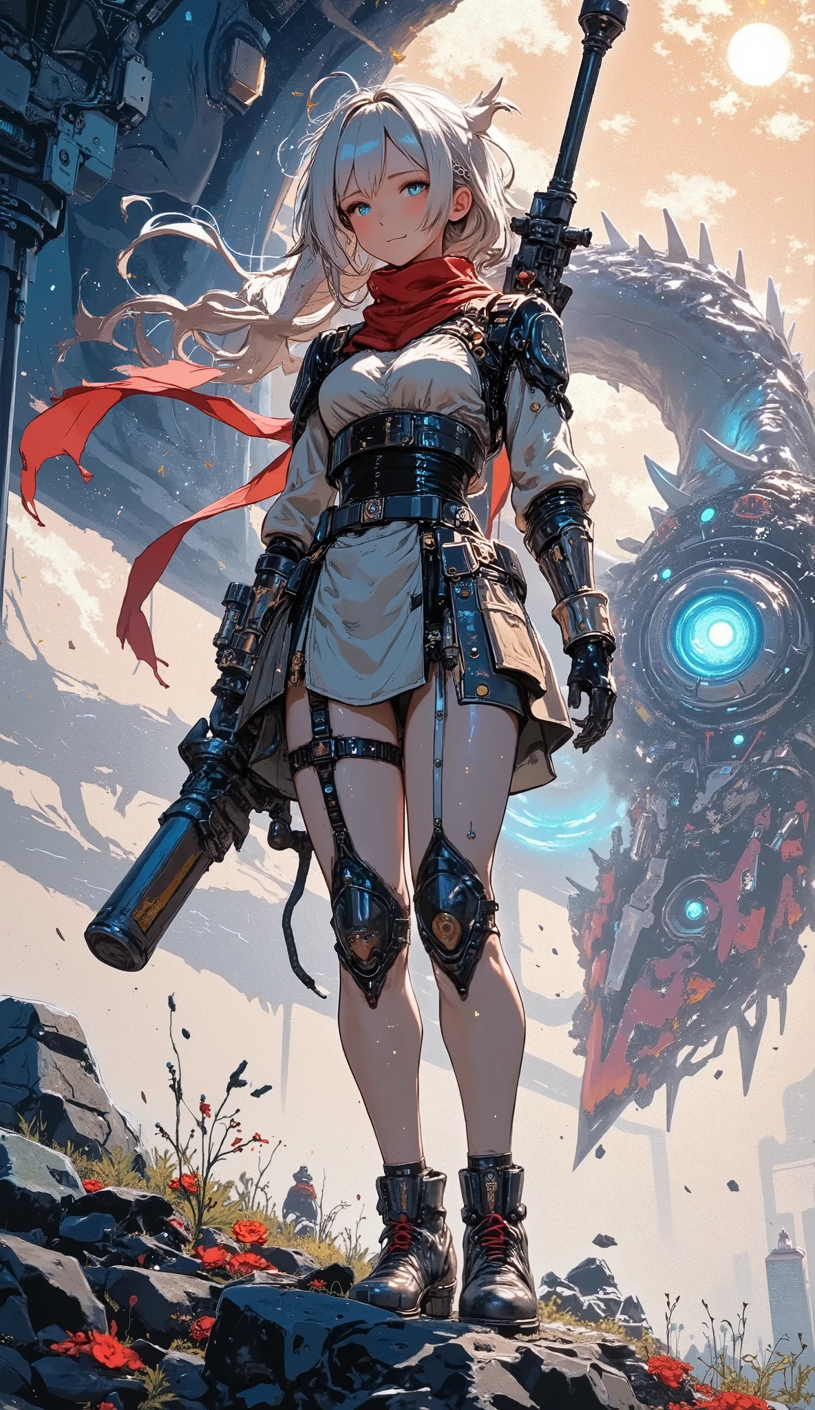 A towering robot stands proudly amidst a nebula of swirling starDust, its mechanical framework is a scar from past space battles Decorated with. debris from defeated machines and discarded metal drifts in zero gravity, illuminated by dramatic lighting. Shining Petals, petals of spiritual energy float gracefully, creates a surreal contrast between the quiet beauty of space and the unchanging strength of robots. landscape, A crystalline icy asteroid shines, Adds elegance to the scene. An AWPA rifle is mounted on the robot's shoulder, its flowing white horse tail and bright red scarf rolling through a vacuum. Background, a mechanical dragon appears from interconnected energy fragments, Its articulated wings are inspired by the design of Samurai spaceships, drawn in amazing 8K resolution along with fine metal details, Dust, and the starry sky.