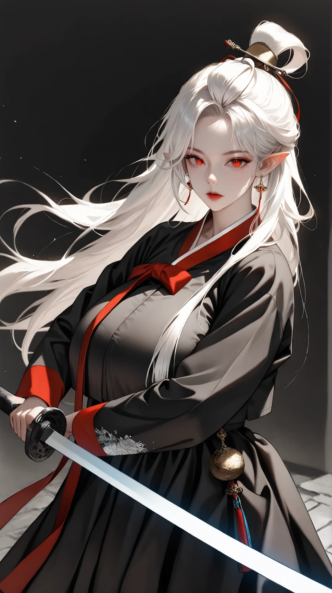 very aesthetic, 걸작, 고해상도, 8k 해상도, high contrast, (semi-realistic), newest, koreanai, best_quality, finely_detailed_eyes_and_detailed_face, (1 girl), solo, long_hair, topknot, (black_hanbok, black_clothes, hanbok), wide_sleeves, long_pointy_ears, earrings, fighting_stance,brave perspective, holding sword, (standing, black_background), looking_at_viewer, front_view, cowboy_shot, (humongous_breasts, huge_breasts, tall_height), glowing_eyes, white_hair, expressionless