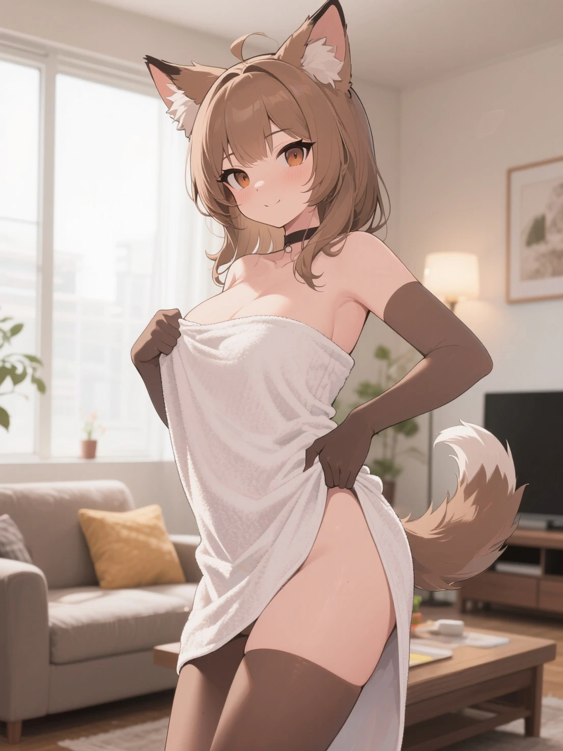 Hairy fennec, focus on face, short hair, medium breasts, beautiful lights and shadows, lacy panties and bra, embarrassed face, standing, background a room of house, cute tail in the background