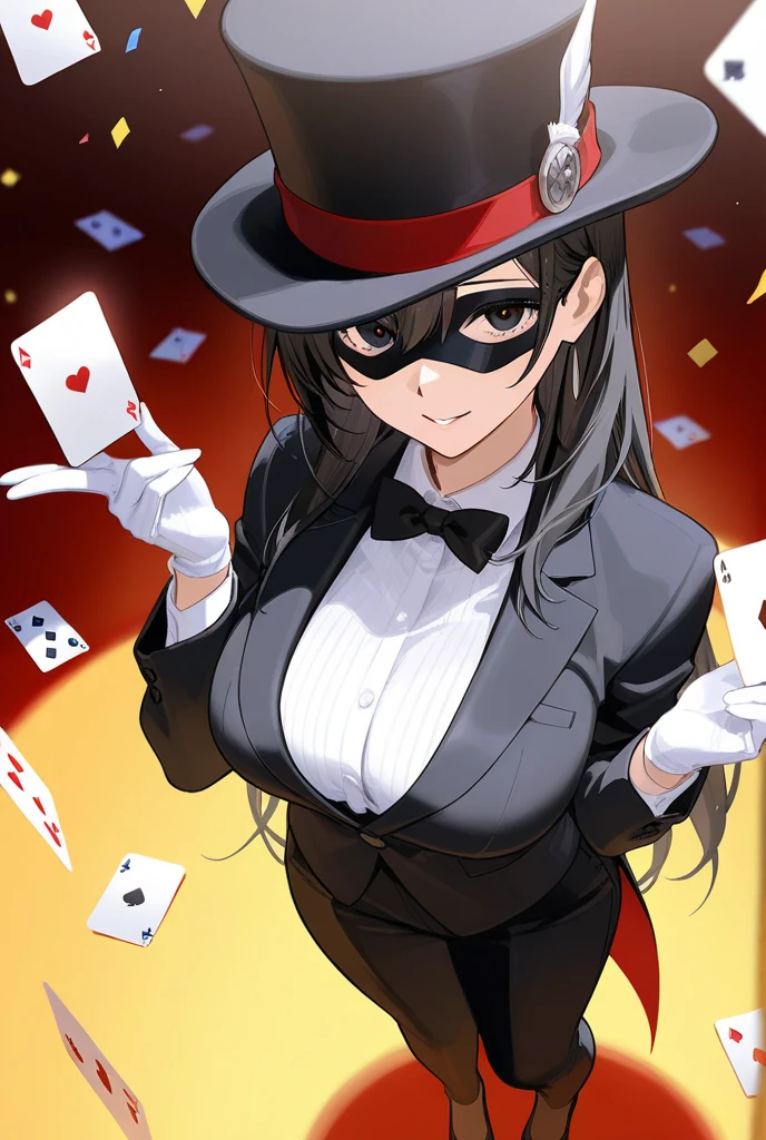 Beautiful female magician, 16 years old, playing cards, long hair in a ponytail, bangs, smiling brightly, wearing glasses, wearing a top hat, wearing a black bunny suit, wearing a long tail tuxedo, wearing black Pantyhose, There were cards flying everywhere,