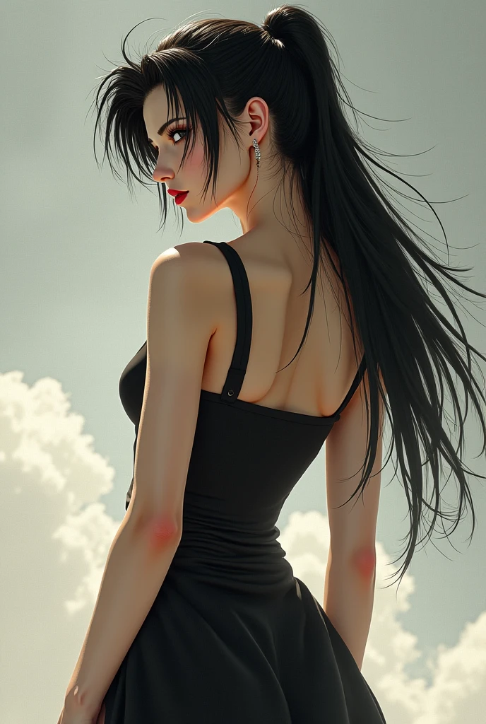 realistic, (1girl), flowing hair, blue eyes, glowing eyes, sexy pose lying on the railing, looking back at the audience, summer, detailed lace shirt, black and white polka dot long skirt fluttering in the wind, parted lips, detailed face details, natural shadows, (country background: 1.2), depth of field, global illumination,