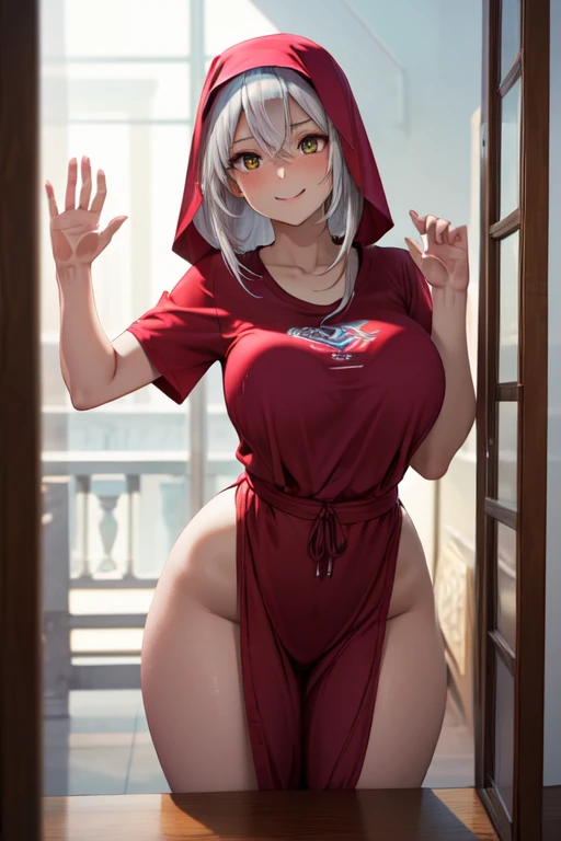 girl, sexy,home,hijab,big breast,hijab long wet white and red clothes and long wet short pants outfit,happy,in kitchenroom,
