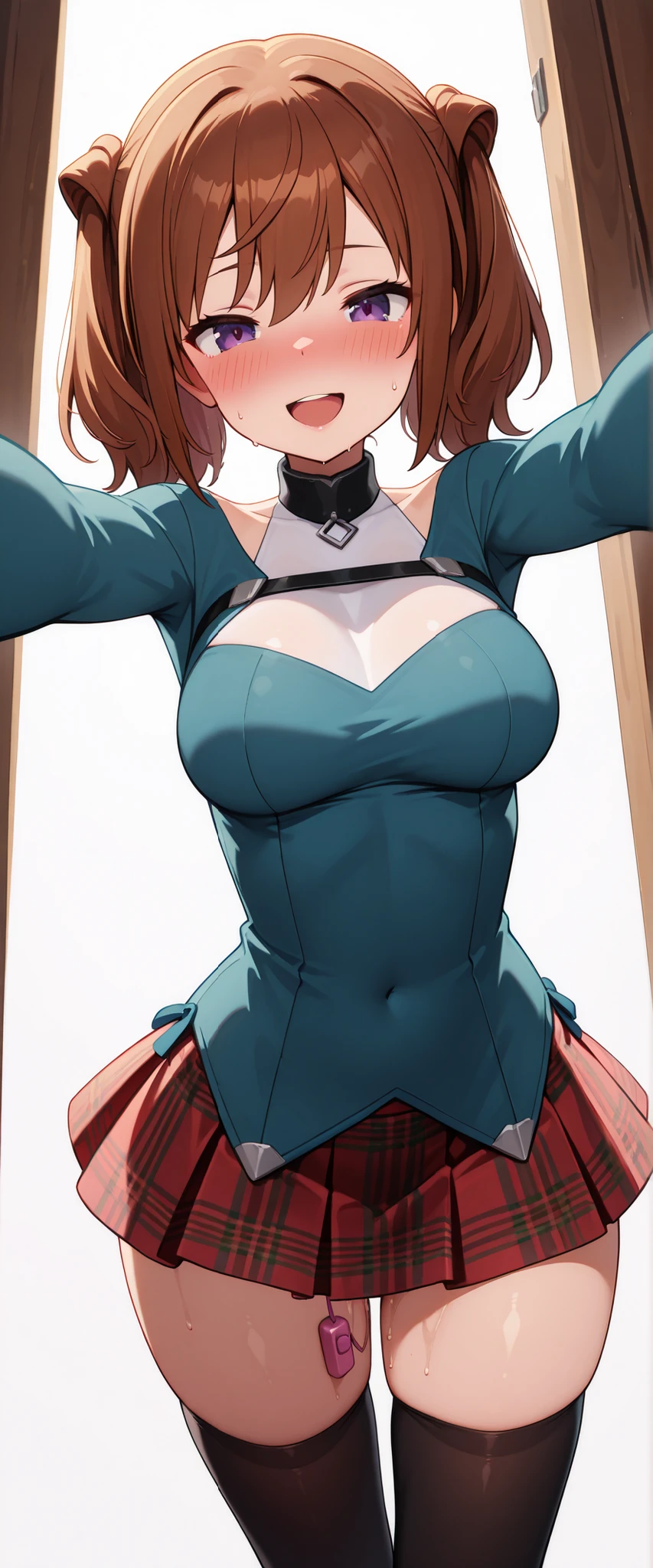 masterpiece,best quality,nsfw, masterpiece, perfect anatomy,perfect body,perfect hands with full nudity, perfect fingertips、perfect legs,perfect legs先best quality, very detailed,latest,girl around her neck,Alone,
Yui,brown hair,purple eyes,vibrate, red plaid skirt ,black_thigh high socks,
white_background,simple_background,in subjug_in_viewer,squinting,show off panties、
naughty smile, open your mouth,Disgusting, Contemptする, look down in viewer, ( squint),\(Annoying Brows :1.5\), smile, ,Contempt,open your mouth, ( cheerful),in subjug down in viewer, masterpiece, absurd, beautiful detailed face on the sheet,sweaty、steam、low angle、 pants that make your pussy stretch、big breasts、penis in pussy、(sexual climax):1.2, nose blush