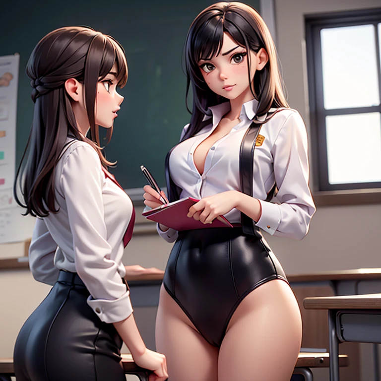 （8K ，Ultra-detailed，Best masterpiece，Nature，perfect work of art，perfect female body），two women，Sister and sister， sisters，rainbow hair，perfect face，（huge tits），neighbor wife，woman hairstyle，elegant wife，delicate and revealing ，20 years old，White skin，messy hair，perfect sexy body，tone，flirtatious，very big ，Narrow waist，big ass very detailed，young beautiful teacher，teacher，wearing glasses，in the classroom，Many female classmates and teachers，The background of the details，necklace，perfect eyes，，T-shaped small，huge  big