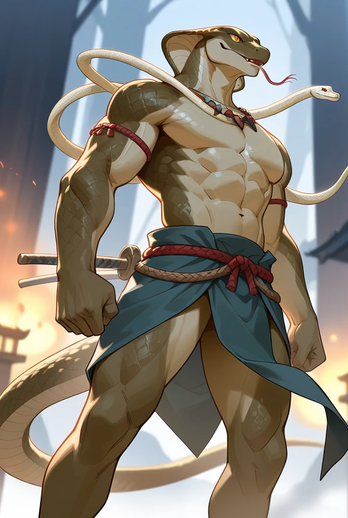 Furry art, white and light yellow tiger, full body, male, Chinese fancy clothing, hand paws, tail, blue poncho, bare belly, brown short pants, barefoot, innocent look, looking at the viewer, smile, smiling, comic art style, detailed fluffy fur, hairy body, 8K, dynamic lighting, beautiful, green background.