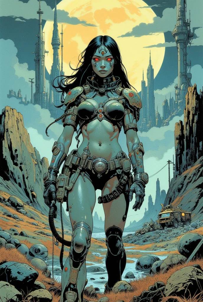 1 barbarian female, heavy metal magazine, ork girl, sexy lips, space-warrior girl, cyborg girl, beautiful bbw girl, chubby girl, woman-warrior, whole body, nude body, Perfect skin, space background, blood rain, dark fantasy, Linsner style, Science fiction, 80s, 16-bit game, VHS era, planet in space background, purple lightning, psychedelic color background, smog, fog, swamp, girl in swamp, mad max style, vhs tape cover
