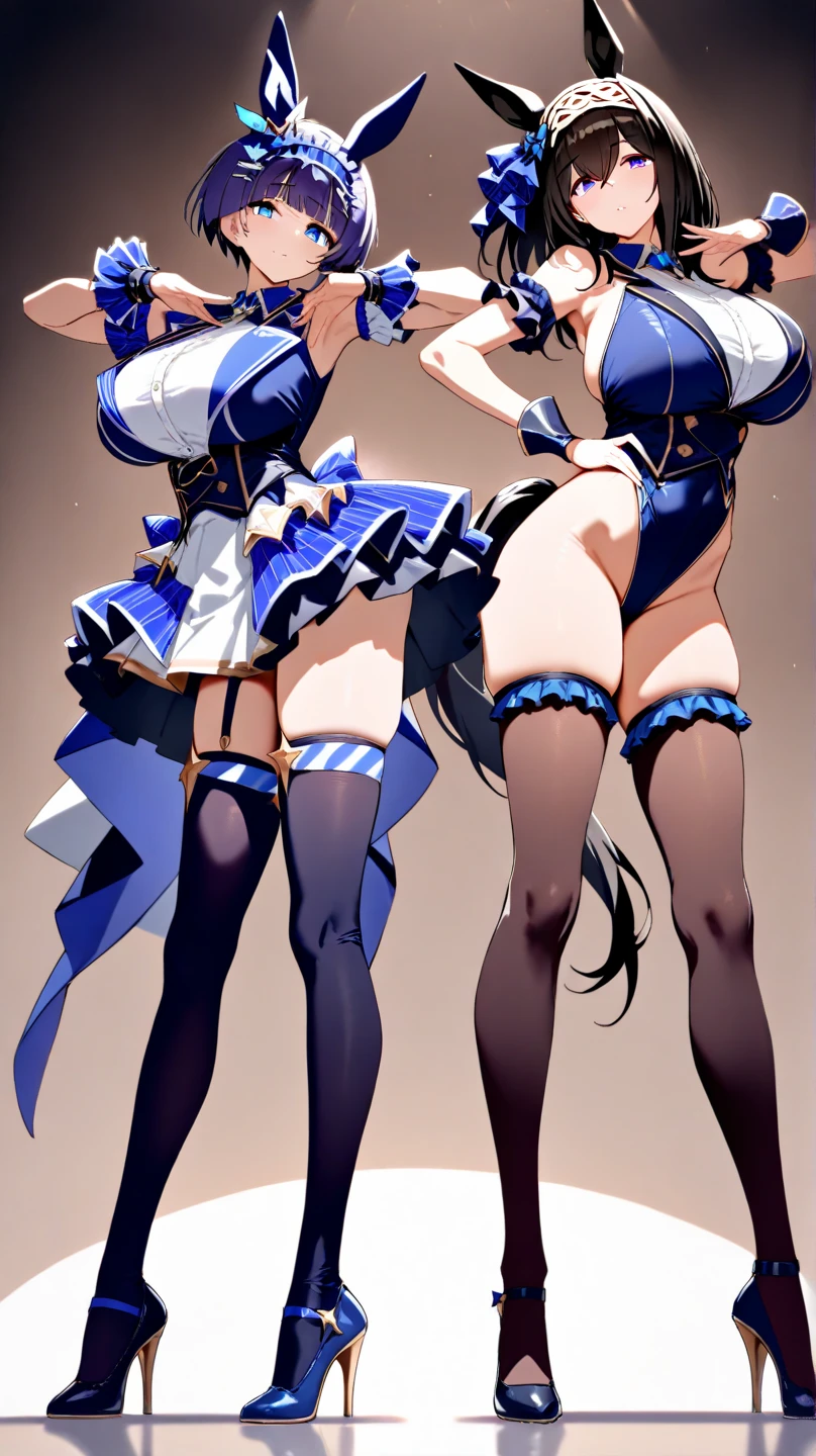 Two women are walking side by side through a crowd wearing navy blue maid outfits., alone, skirt, panties, underwear, (shiny light blue satin panties:1.3)、(shiny light pink satin panties:1.3)、横紐レースpanties that cover the butt、Liar, Thighhighs,garter belt, 風でskirtがめくれている , think back, realistic,Angle from the back, Two-dimensional beautiful girl