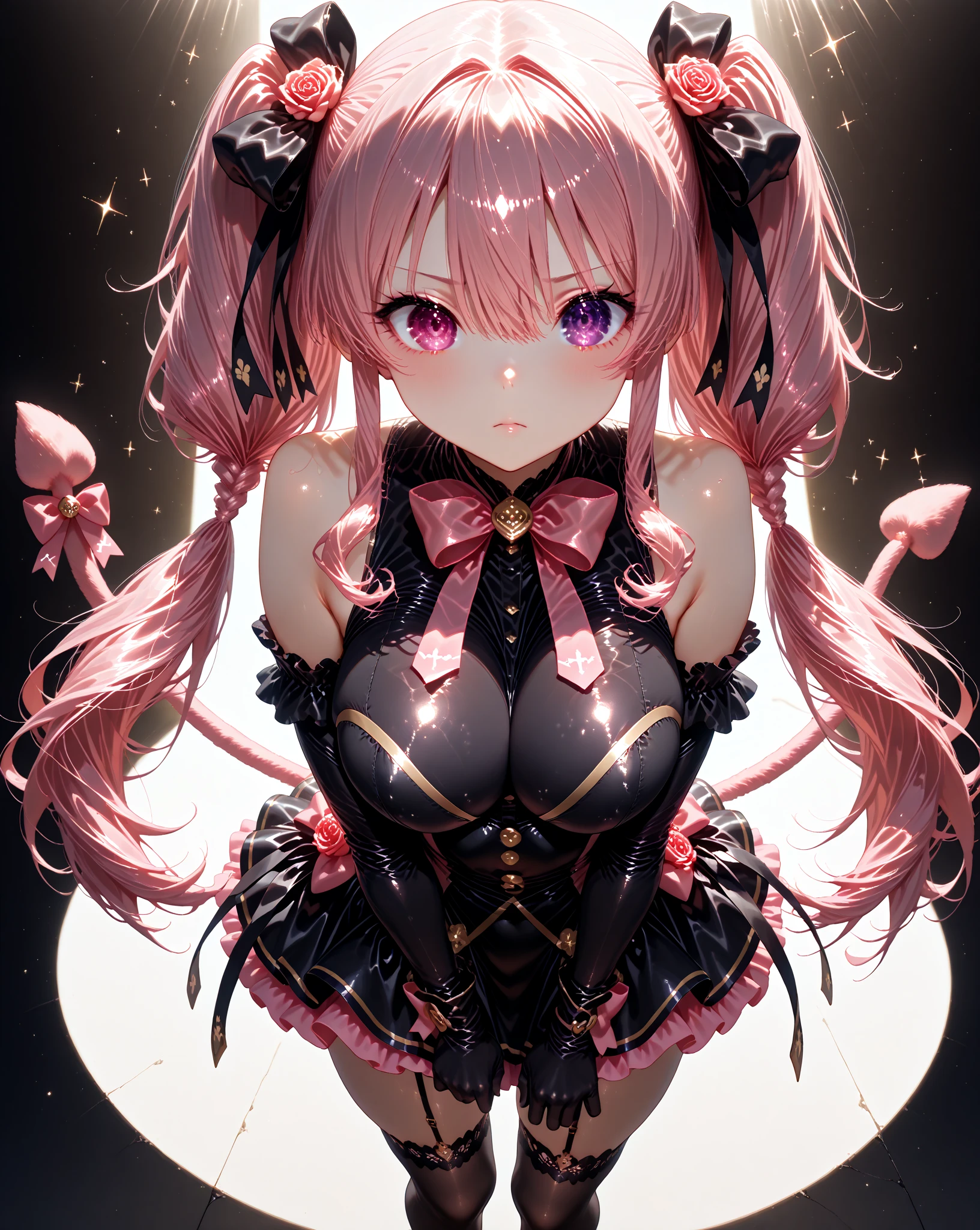 1girl, black maid dress, jewelry, red hair, flowing hair, long hair, black maid dress with a short skirt and layers, black laces, black boots, black dress with transparency, gold details on her clothes, cat ears, animal ears,  more details, perfectly body, perfectly hands, two hands, two legs, two arms, five fingers, glowing hair, best quality, hat, cat ears, tail ornament, tail bow, black gloves, two cat tail, black gloves, alone, maid headdress, choker, detached sleeves, maid dress, maid black dress, strapless, masterpeice, best quality, detailed face, night, asymmetrical gloves, bangs, black short skirt , black gloves, black boots, earrings, elbow gloves, fishnet thighhighs, fishmasterpeice, solo, best quality, detailed face, gloves, hair between eyes, jewelry, looking at viewer, single earring, sky, sleeveless, solo, thigh boots, thighhighs, tongue, tongue out, uneven gloves, solo, alone, Looking at the viewer, More details on the clothes, magenta roses on her hair, space scenery, maid, maid dress, magenta details, magenta roses, maid headdress, maid apron, wave hair, seat on the Saturn rings, more details on her clothes, gold details on her clothes, space, smiling, standing her hand to a viewer, looking at the viewer, in the background a several asteroids glowing with fiery auras, Dramatic lighting from distant stars and planets illuminates the scene, looking at the vast and mysterious universe, cowboy shot, upper body portrait, more details, sparkle,