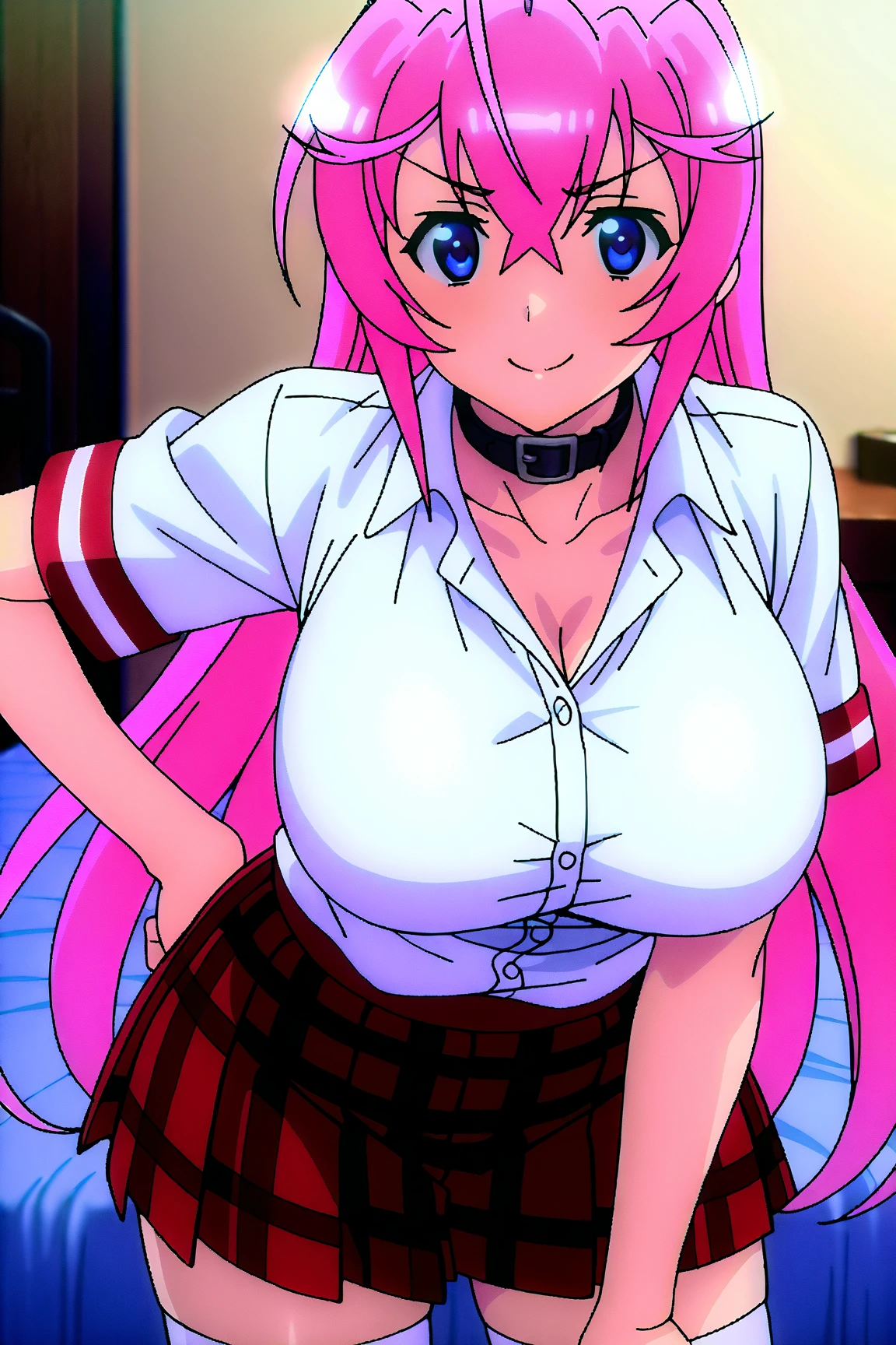 gasai yuno, ((masterpiece)), best quality, blood, blood on face, 1girl, blood splatter, nipples, blood on weapon, blood on hands, guro, breasts, blood stain, long hair, solo, blood on knife, thighhighs, nude, open mouth, red eyes, looking at viewer, smile, yandere, knife, (large breasts:1.5), choker, collarbone, navel, blush, pussy,