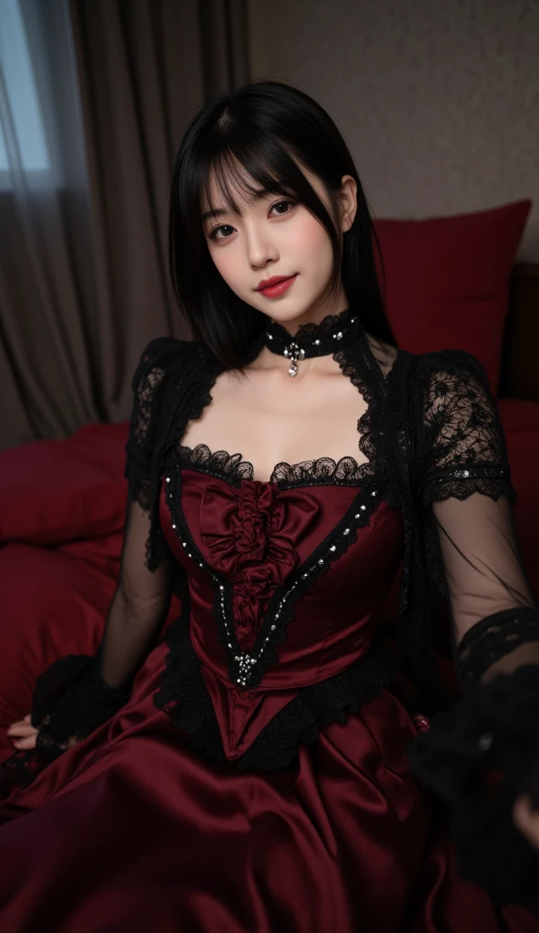 Kasumi, brown eyes, (best quality, ultra-detailed), (realistic:1.37), beautiful and detailed face, ultra-realistic texture, delicate face, delicate body, strong red lipstick, bright colors. High definition, 8K.