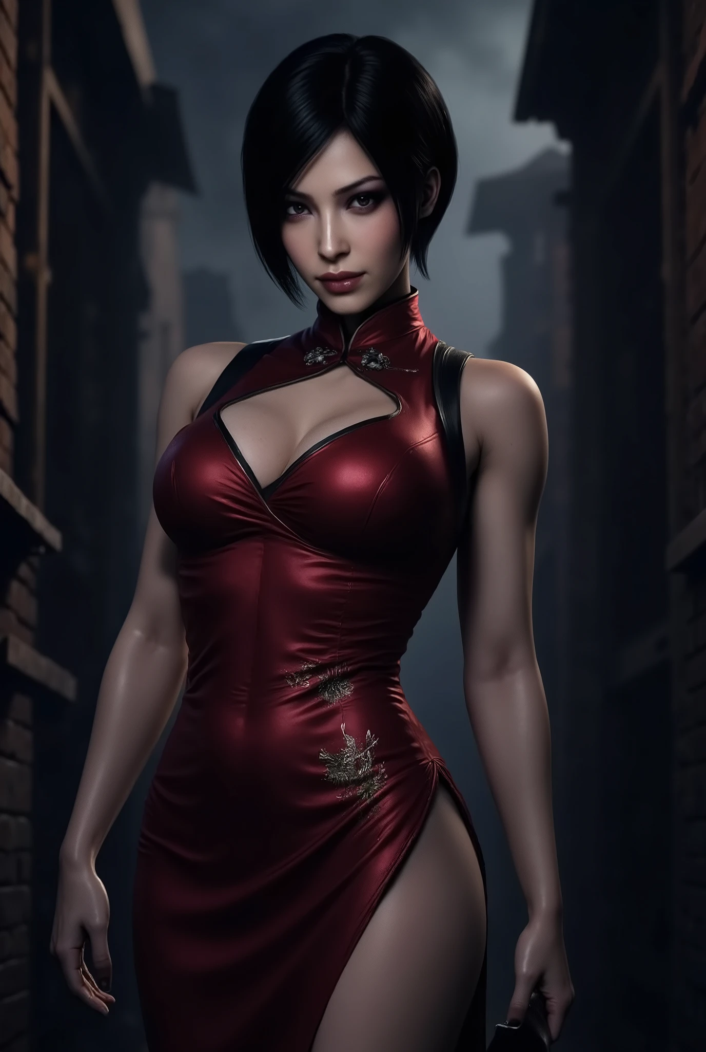 Ada Wong, best qualityer,ultra detali,realisitic:1.37,there are people,perfectly symmetrical face,ultra-realisitic texture,perfectbody,detailed facial features,realisitic lighting,serious expression