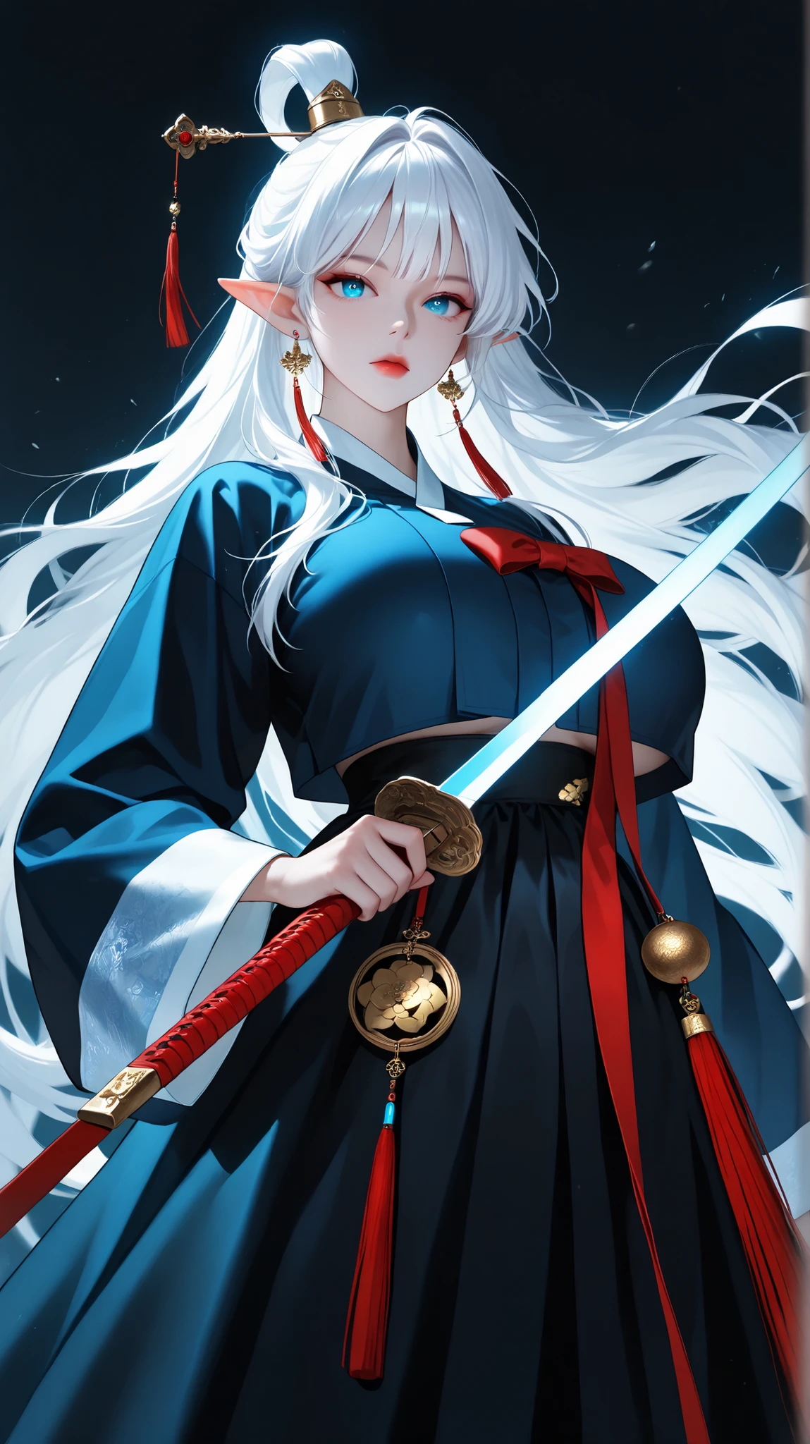  very aesthetic, 걸작, 고해상도, 8k 해상도, high contrast, (semi-realistic), newest, koreanai, best_quality, finely_detailed_eyes_and_detailed_face, (1 girl), solo,(glowing_blue_eyes), long_hair, topknot, (black_hanbok, black_clothes, hanbok), wide_sleeves, tight_waist, long_pointy_ears, earrings, fighting_stance,brave perspective, holding sword, (standing, black_background), looking_at_viewer, front_view,  cowboy_shot, (humongous_breasts, huge_breasts, tall_height, thin_waist), white_hair, expressionless 