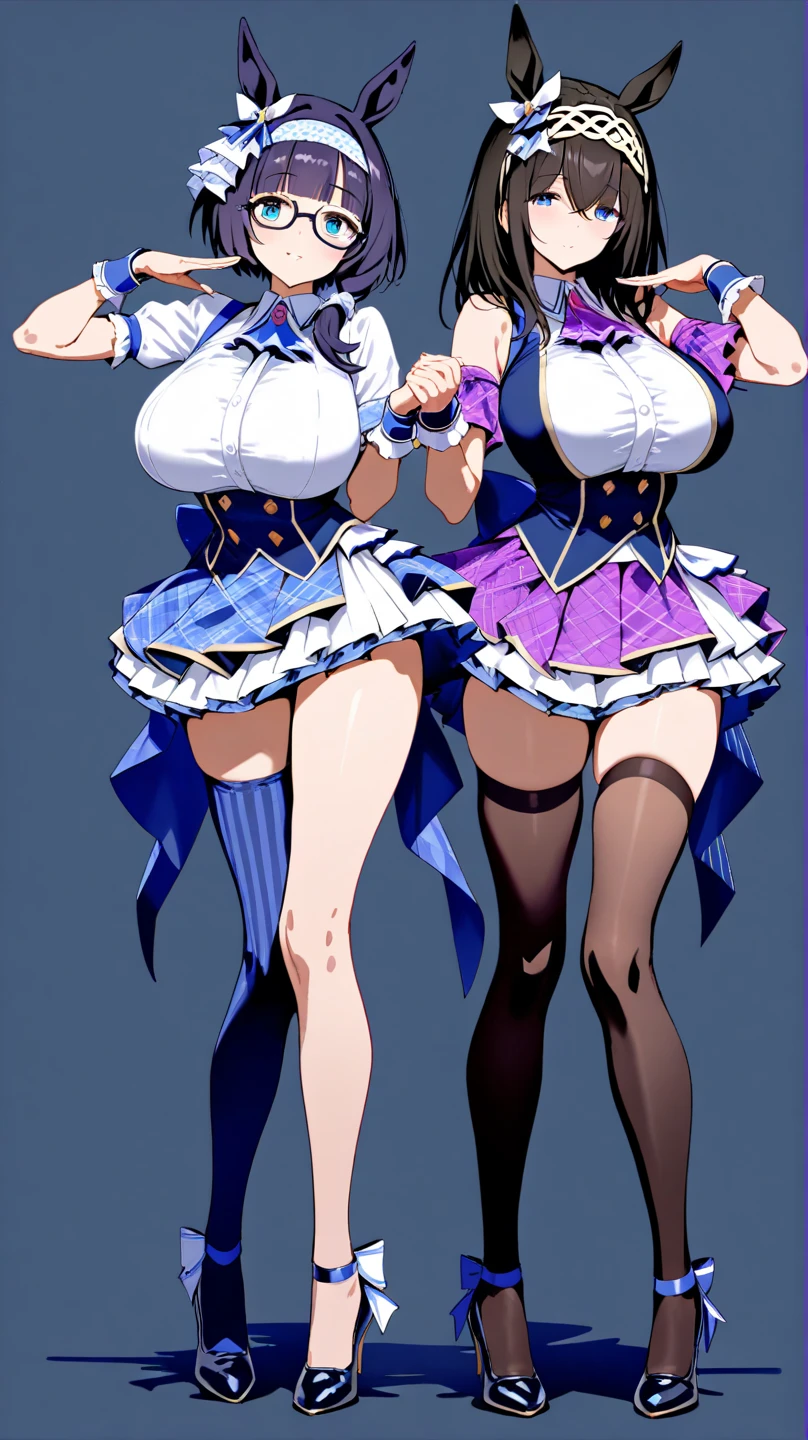 a masterpiece of two plump girls with cyan-blue colored hair, extremely large fluffy hairstyle, parted-bangs, hazel eyes, and matching uniforms with sexy lace accents, ribbons, and rainbow short skirts, wearing white thigh-high socks and black high heels, hugging each- other with a seductive smile, flat color background, full body, ultra-detailed, (best quality,4k,8k,highres,masterpiece:1.2),ultra-detailed