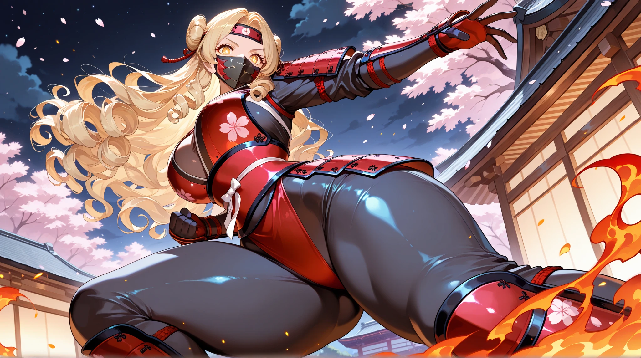 top-quality、Top image quality、masterpiece、Mecha Girl((18year old、Black Ninja Uniform,Best Bust、Bust 100、a blond、poneyTail、Breasts wide open,You can see a large valley、Black eye、Strong eye power、Jump to viewer、Black Hachimaki、holding a katana))hiquality、visualart、Background with((The world of Japan、Black sky))、