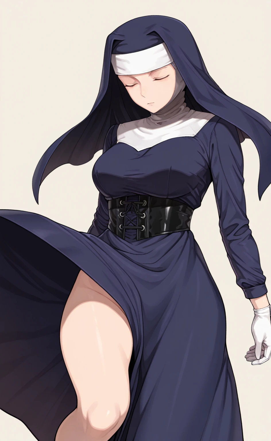 black Nun clothes, huge waist, solo, leaning down on back