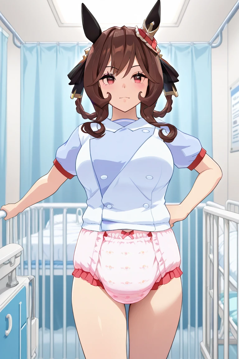 gym storeroom, shigure, ahoge, brown hair, blue eyes, braid, hair ornament, hair over shoulder, long hair, single braid, hair flaps, (masterpiece, best quality:1.2), illustration,8k,hd,long hair, single braid, Clenched fist、White panties、White gym clothes、Panty Peep, good, Wet, From below、Folded up gym clothes、Camel Toe、???????、Small breasts