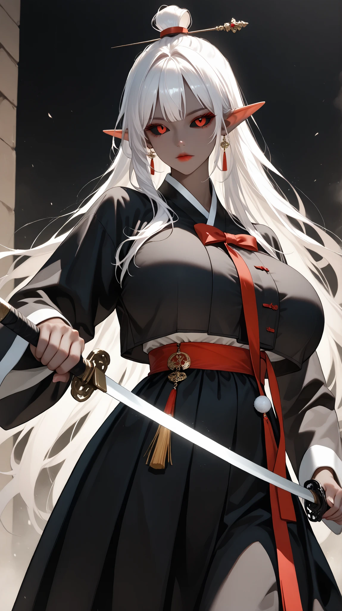 very aesthetic, 걸작, 고해상도, 8k 해상도, high contrast, (semi-realistic), newest, koreanai, best_quality, finely_detailed_eyes_and_detailed_face, (1 girl), solo,(black_sclera), dark elf, long_hair, topknot, (black_hanbok, black_clothes, hanbok), wide_sleeves, tight_waist, long_pointy_ears, earrings, fighting_stance,brave perspective, holding sword, (standing, black_background), looking_at_viewer, front_view, cowboy_shot, (humongous_breasts, huge_breasts, tall_height, thin_waist), white_hair, expressionless