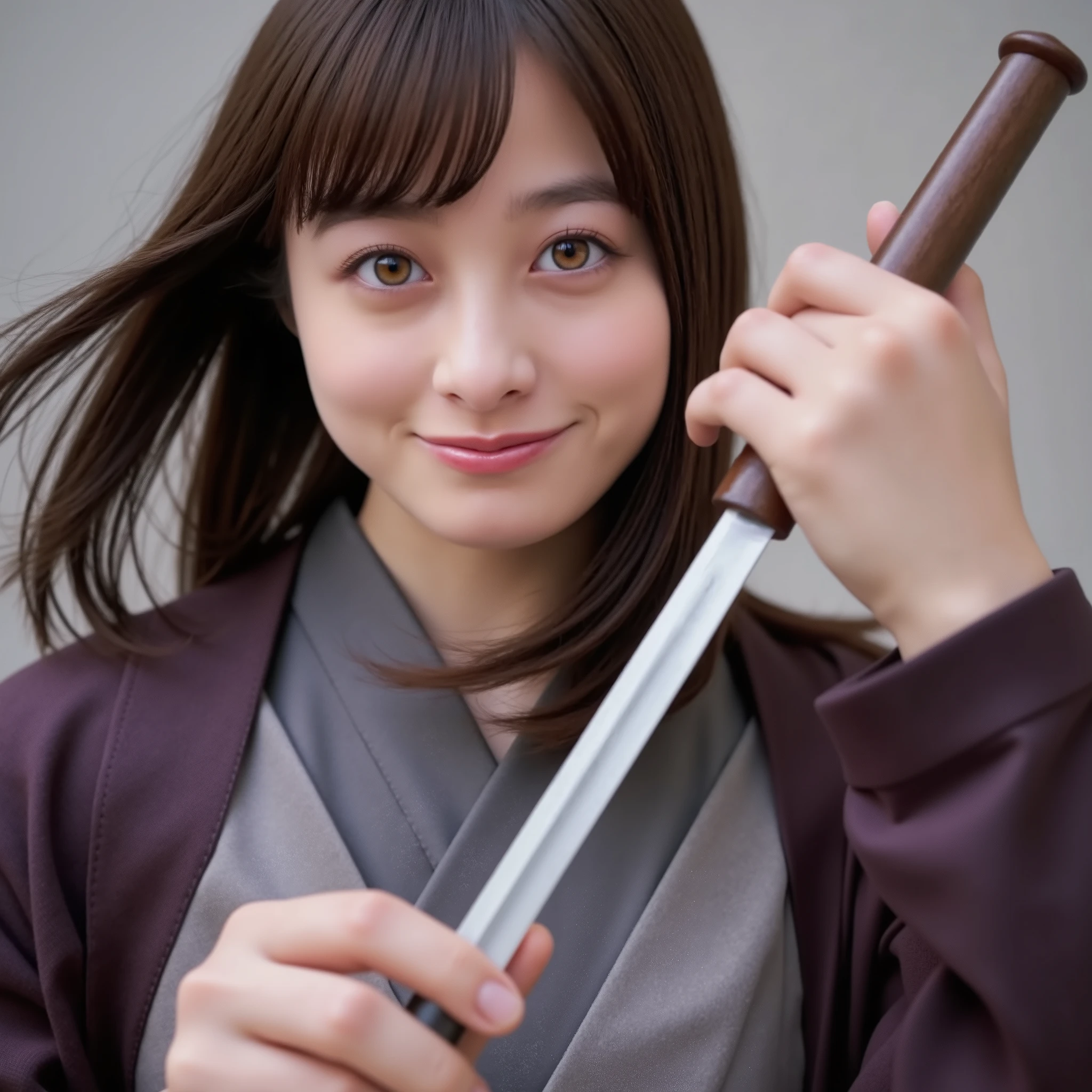 Image of a woman inspired by Hinata Hyuga from Naruto, Asian mom-like curvy body, heart-shaped face with a delicate, rounded jawline, youthful soft cheeks, Large almond-shaped eyes, striking white pupils, porcelain fair skin, small refined nose, natural pink lips with a soft Cupid’s bow and subtle smile, holding a sharp kunai in a dynamic diagonal pose, Modest ninja outfit in deep purple and gray, flowing cloak, and wind-swept hair creating strong motion lines, Cinematic atmosphere, soft ambient lighting, elegant yet powerful expression, High detail, ultra-sharp anime rendering, dramatic shading, fine textures, strong dynamic composition emphasized with diagonal tension, Minimal background for focus.