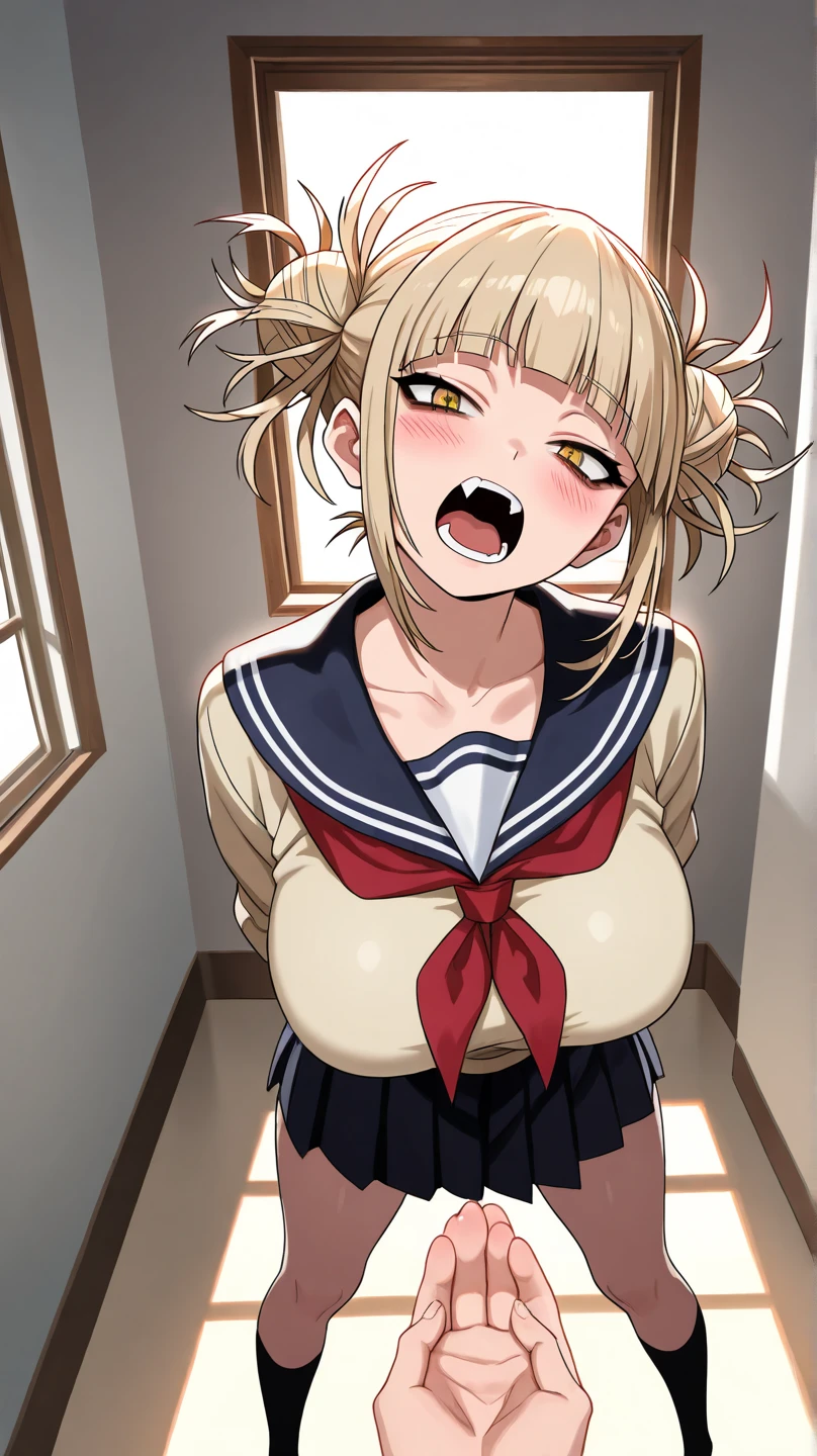 toga himiko,1girl,solo,Females in heat,blush,blonde hair,yellow eyes,narrowed eyes,blunt bangs,open mouth,fangs,cardigan,long sleeves,neckerchief,red neckerchief,gigantic huge breasts,pink condom in hand,looking at viewer,standing up,bed room