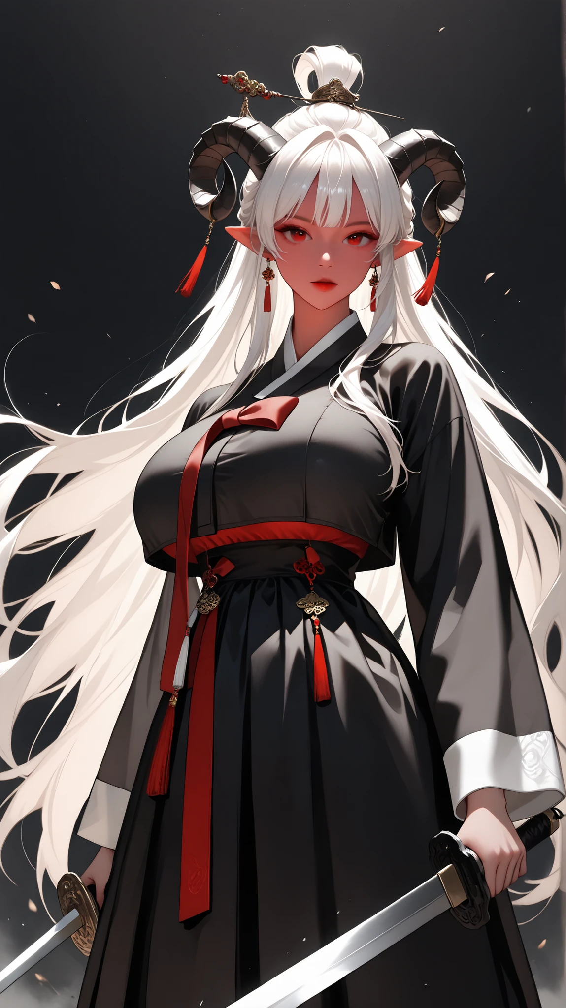  very aesthetic, 걸작, 고해상도, 8k 해상도, high contrast, (semi-realistic), newest, koreanai, best_quality, finely_detailed_eyes_and_detailed_face, (1 girl), solo,(red_eyes), red_skin, sheep_horn, long_hair, topknot, (black_hanbok, black_clothes, hanbok), wide_sleeves, tight_waist, long_pointy_ears, earrings, fighting_stance,brave perspective, holding sword, (standing, black_background), looking_at_viewer, front_view,  cowboy_shot, (humongous_breasts, huge_breasts, tall_height, thin_waist), white_hair, expressionless 