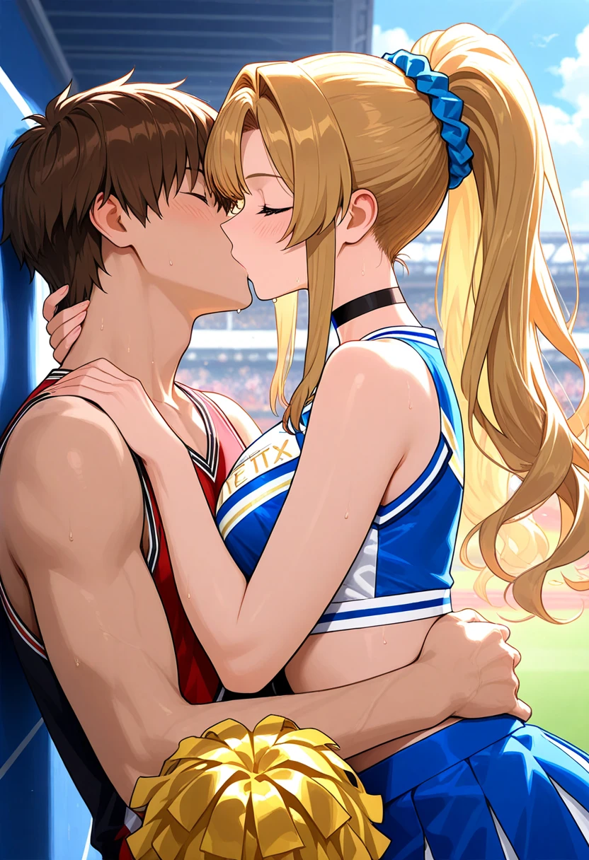 Cheerleader, kissing while giving handjob, seductive smile , red eyes, in classroom, mind control