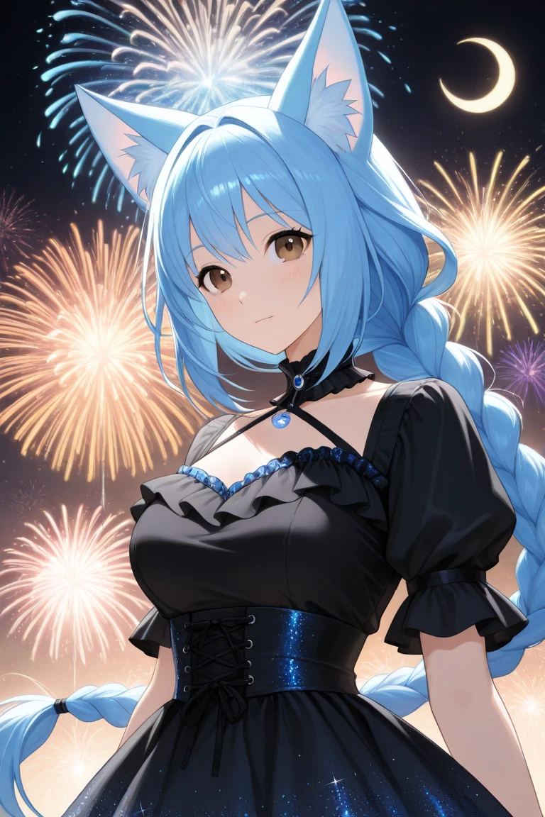 Tender big breasts ((wolf girl)), ((purple color hair)), extremely sexy female body, strapless long sleeve top off shoulder, best quality, ((a cute Caucasian girl)), cute expression, happiness , cute pose, on the porch, fireworks, night, stars, farmhouse