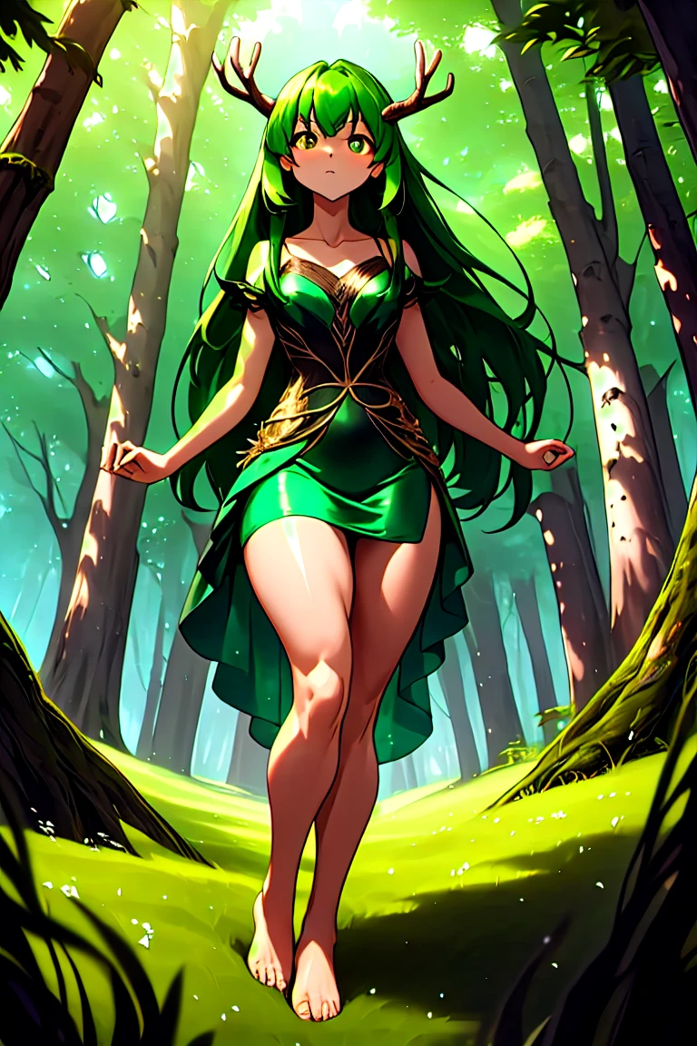 divine beautiful dlyad girl, long green hair, large breasts, full body, personified, fantasy, excellent lighting, excellent anatomy, leaves, weeds, sprouts, trees, soil, ethereality, psychedelic, masterpiece