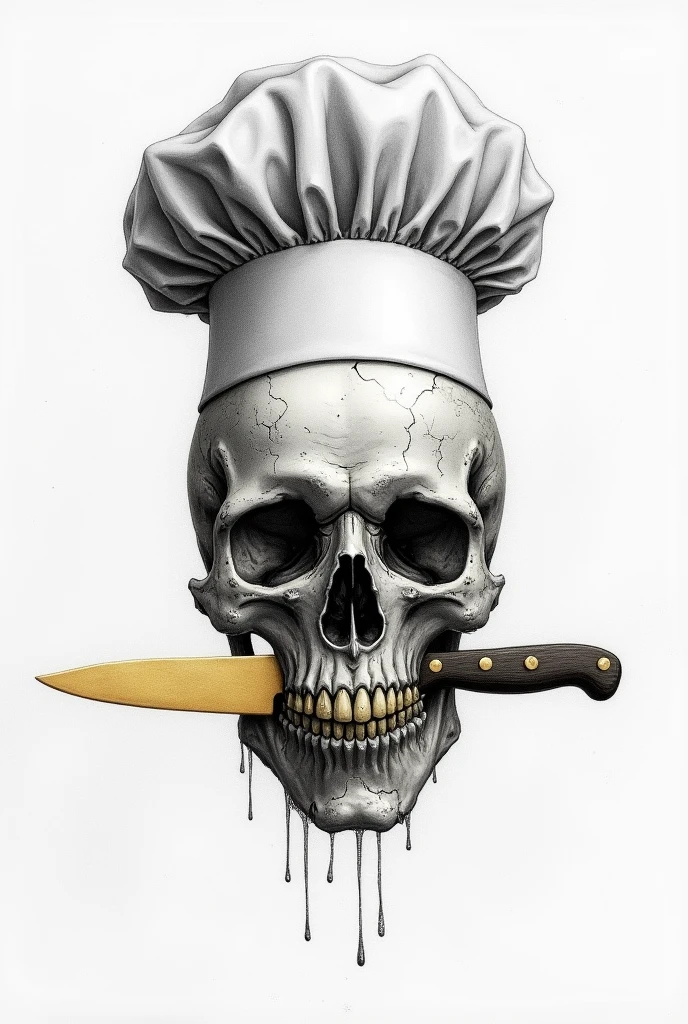Evil looking skull with mustache and chef's hat eating a sandwich,black andwhite