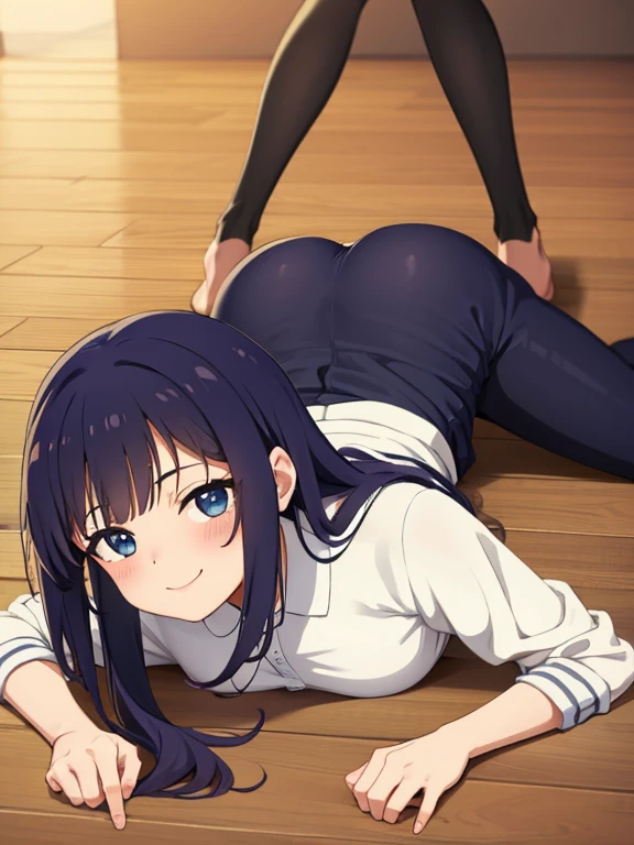 1girl, from behind, on stomach, lying, all fours, perfect ???????, big ass, buruma, gym uniform, white t-shirts, gigantic breasts, Tougou_mimori, long hair, light blue eyes, black hair, ribbon, naughty smile, embarrassed look, anime, anime screencap, best illustration, absurdres,