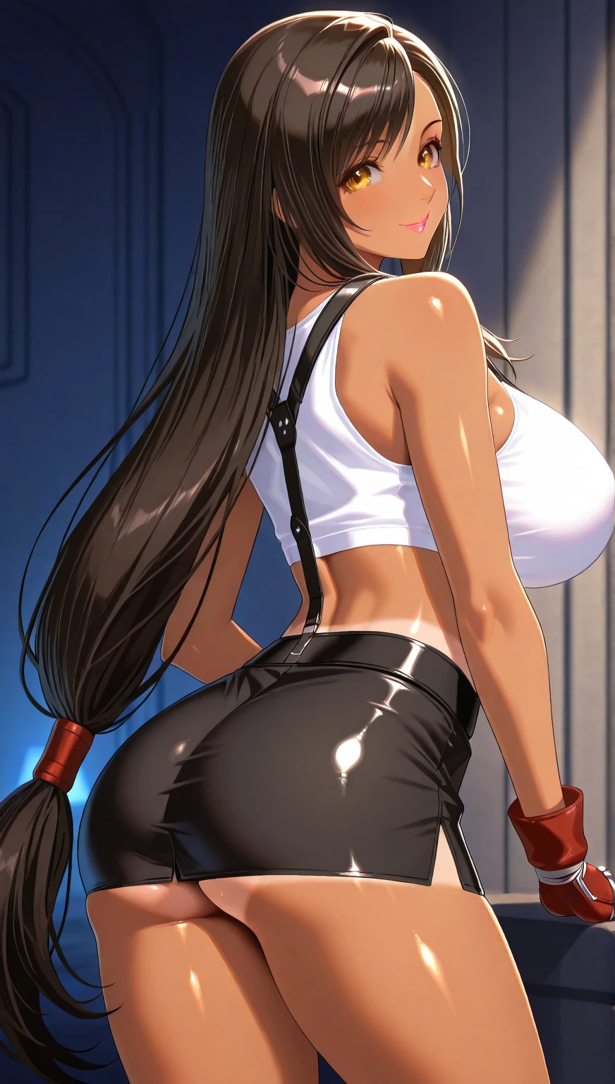 ((1girl)), ((alone)),yaoyorozu momo, ((extremely detailed CG unity 4k wallpaper)), (masterpiece), (ultra quality), (ultra detailed), (best illustration), (best shadow), (extremely detailed), looking at viewer, (absurdities), (detailed background), curvy body, dynamic pose, cowboy photo, large breasts, medium waist, wide hips, wide thighs, round butt,((eyes black, black hair, ponytail, long hair, hair up, central opening, cleavage, leotard, navel, red shoes, red leotard, alone, hero costume, smile, closed mouth)), standing, cowboy photo, backlight, ((solo)), ((standing: 1.4, exterior, Japanese city, streets of Tokyo, dusk, (serene expression, blushing, ,sexy, closed mouth, sexy pose), looking back, from behind, ( (focus on ass), point of view: (from below), perfect anatomy, perfect hands,