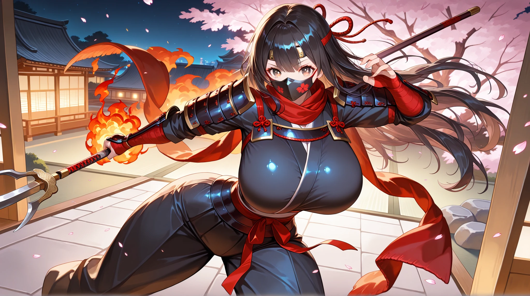 (1 mature female ninja,Age 35), ((Pub,guild)),(smile),Dynamic pose,Dynamic Angle,Pose for a photo,From below,Elderly woman、Trading Card Game Frames、Highest Rare、Five Fingers、Signature mark、Big Butt、Black Hair、Fighting Pose、Ninja costume、Full Body Suit