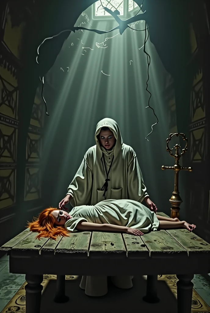 a Sacrificial beautiful woman lying on a stone altar in a dark cave, a group performing a dark ritual, extremely detailed, intricate detail, cinematic lighting, dramatic shadows, occult, mystical, chiaroscuro lighting, dark fantasy, painting, digital art