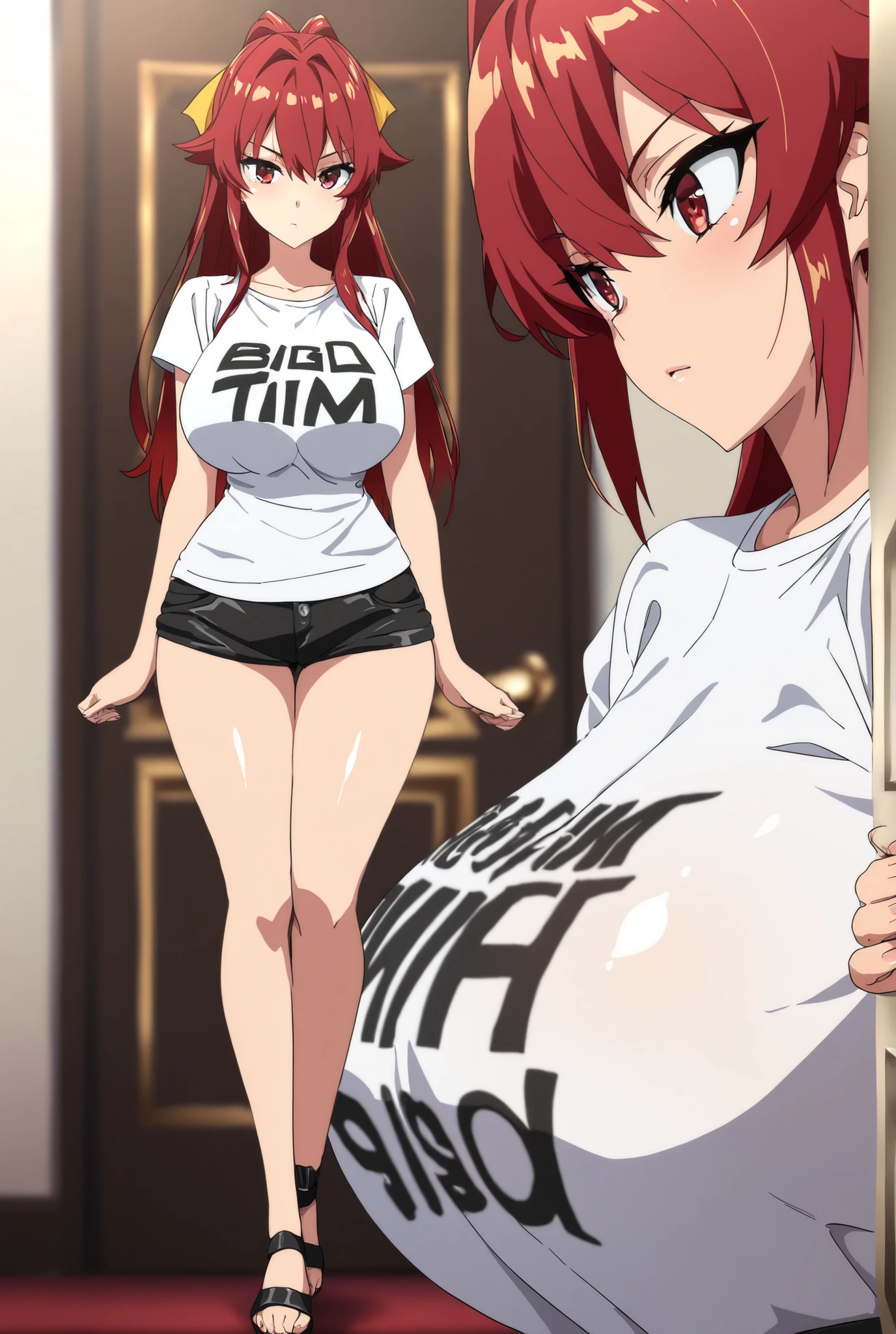 Eris Boreas Greyrat in calvin klein clothing, Eris Boreas Greyrat by Mushoku Tensei, Eris Boreas Greyrat, Eris Adult, costume: calvin klein clothing, sportswear, leggings, sports bra, hollandic angle, full body,seductive anime girl, Joy Ride art style, fit body, gynoid body, perfect body, large breasts, Ilya Kuvshinov, Anime Moe Artstyle, gym, pants, fl4r3, pawgfc, fashion photoshoot, long red hair,