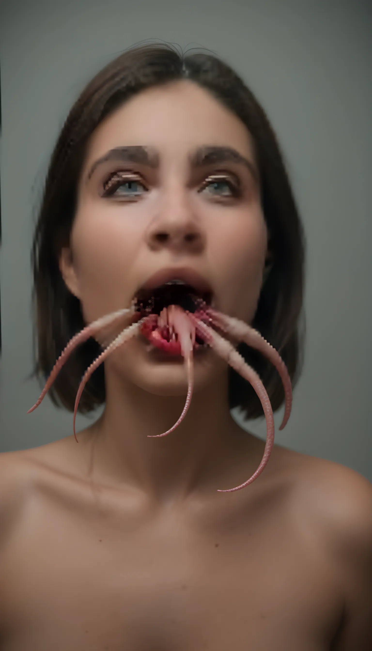 nude woman, very beautiful perfect face, eyes wide open in shock and crying with tears, tongue sticking out, small breasts, short black hair on her head, hairy pubes, lying on her back, (huge inflated abdomen), a huge tentacle penetrating her anus