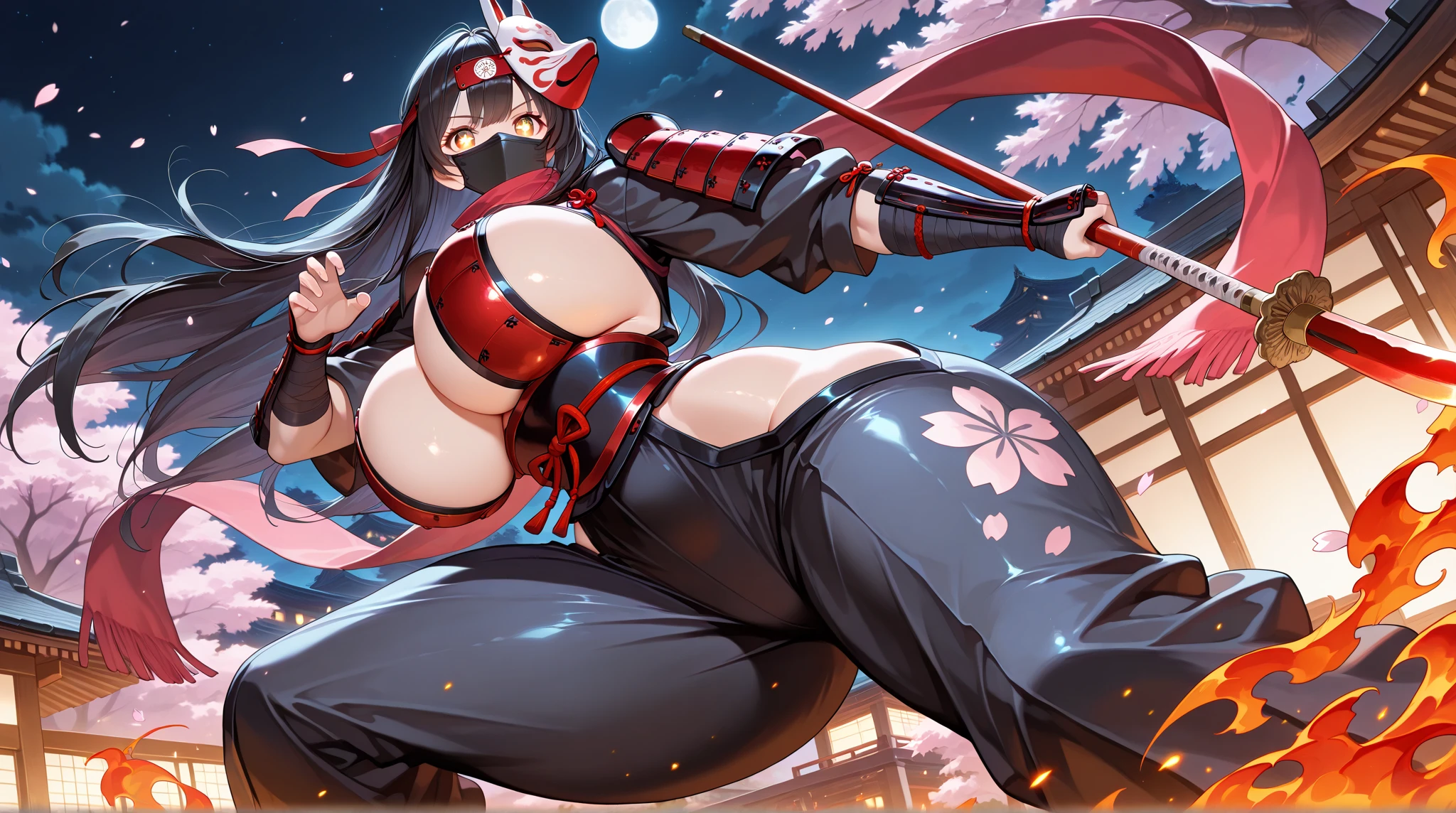 (high quality, 8k, 4K, high contrast, artwork:1.2, high quality, best aesthetics), (dynamic angle), ((1 woman)), erotic, sensual, mature body, super detailed, beautiful face detailed, beautiful eyes detailed, detailed beautiful mouth, sexy body, perfect breats, perfect wide thighs, black hair, short black hair, ponytail hair, red eyes, serious facial expression, women's sexy black ninja kimono with red clouds printed, black lipstick, kunoichi, ninja girl, green forest, sitting on top of a rock, centered, looking at the viewer.