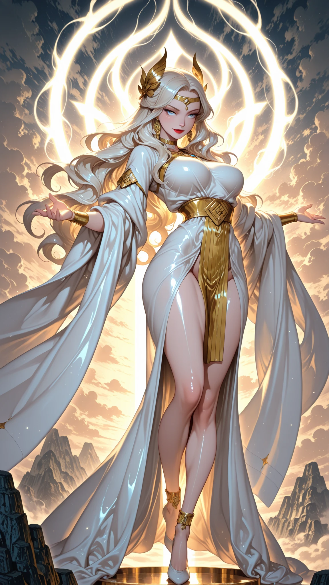 ((Full Body)), (((Head to toe))), 1 virgin, solo, Beautiful blush slender Virgo goddess (((With long silver hair))), (((holding a white lily))), ((closing eyes)), Small bust, narrow waist, Thin thighs, Thin legs, (((Virgo constellation background))), (((gorgeous gold lace brassiere, long gold loincloth))), sapphire Necklace, sapphire tiara, gold veil, (((American comic style with dark contours))), (((art by J. Scott Campbell)))